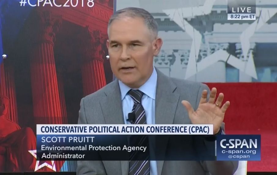 EPA chief Scott Pruitt speaks at the annual CPAC in National Harbor, Maryland, on February 23, 2018. CREDIT: C-SPAN/screenshot