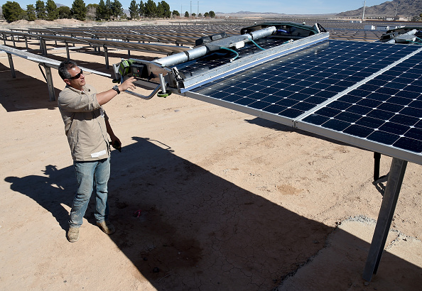 SunPower solar panels are installed at 15-megawatt solar generating station at Nellis Air Force Base in Nevada. CREDIT: Ethan Miller/Getty Images