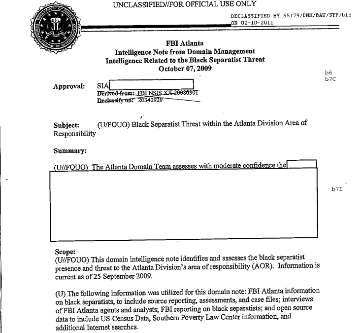 Screenshot of FBI Atlanta memo on "Black separatists"