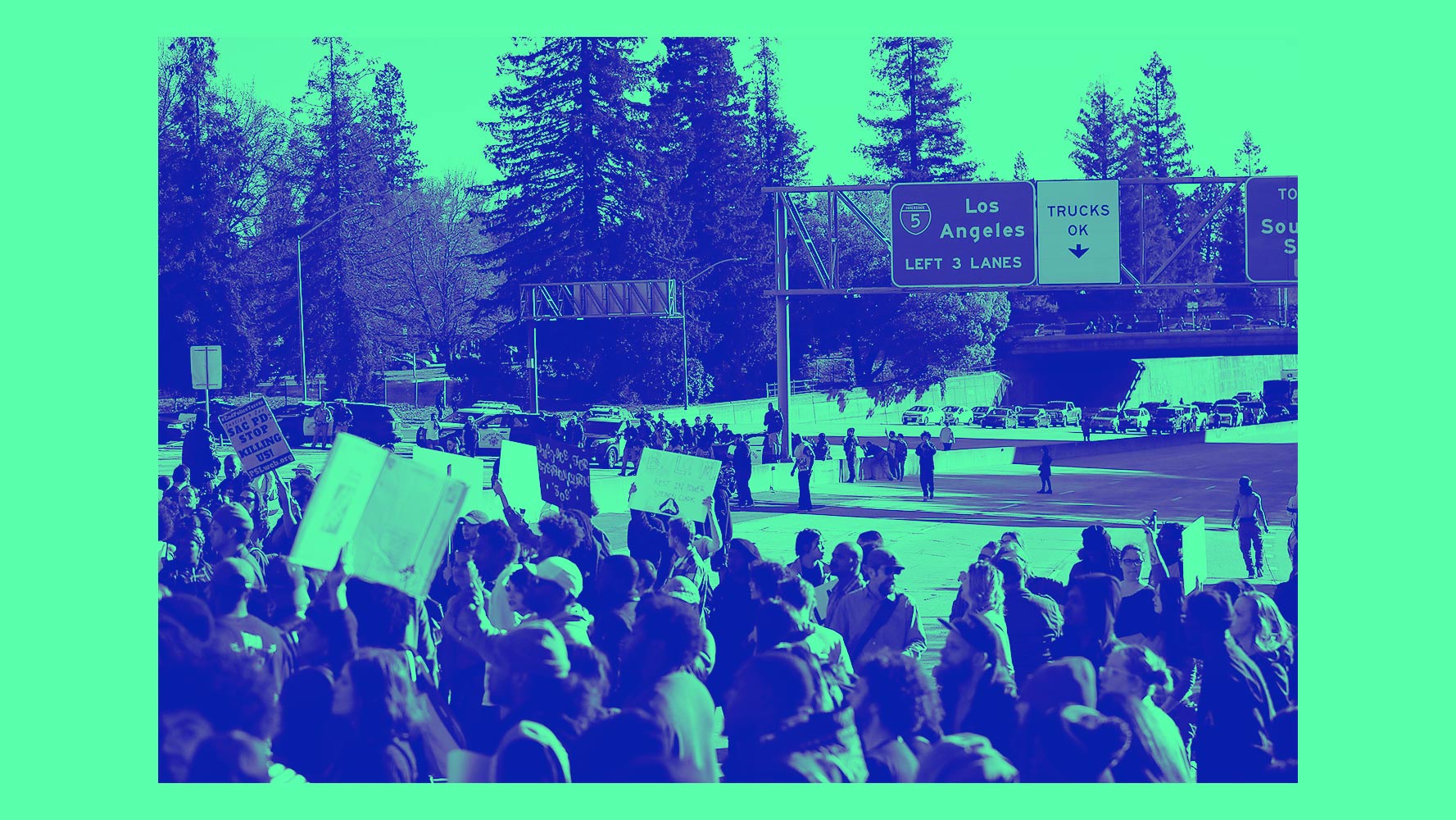 Protesters block Interstate 5 -- which was built on the bones of the city's most diverse working-class neighborhood -- as part of a protest against the Sacramento police department after two officers shot and killed Stephon Clark, an unarmed black man, in the backyard of his grandmother's house. (CREDIT: Getty Images / Diana Ofosu)