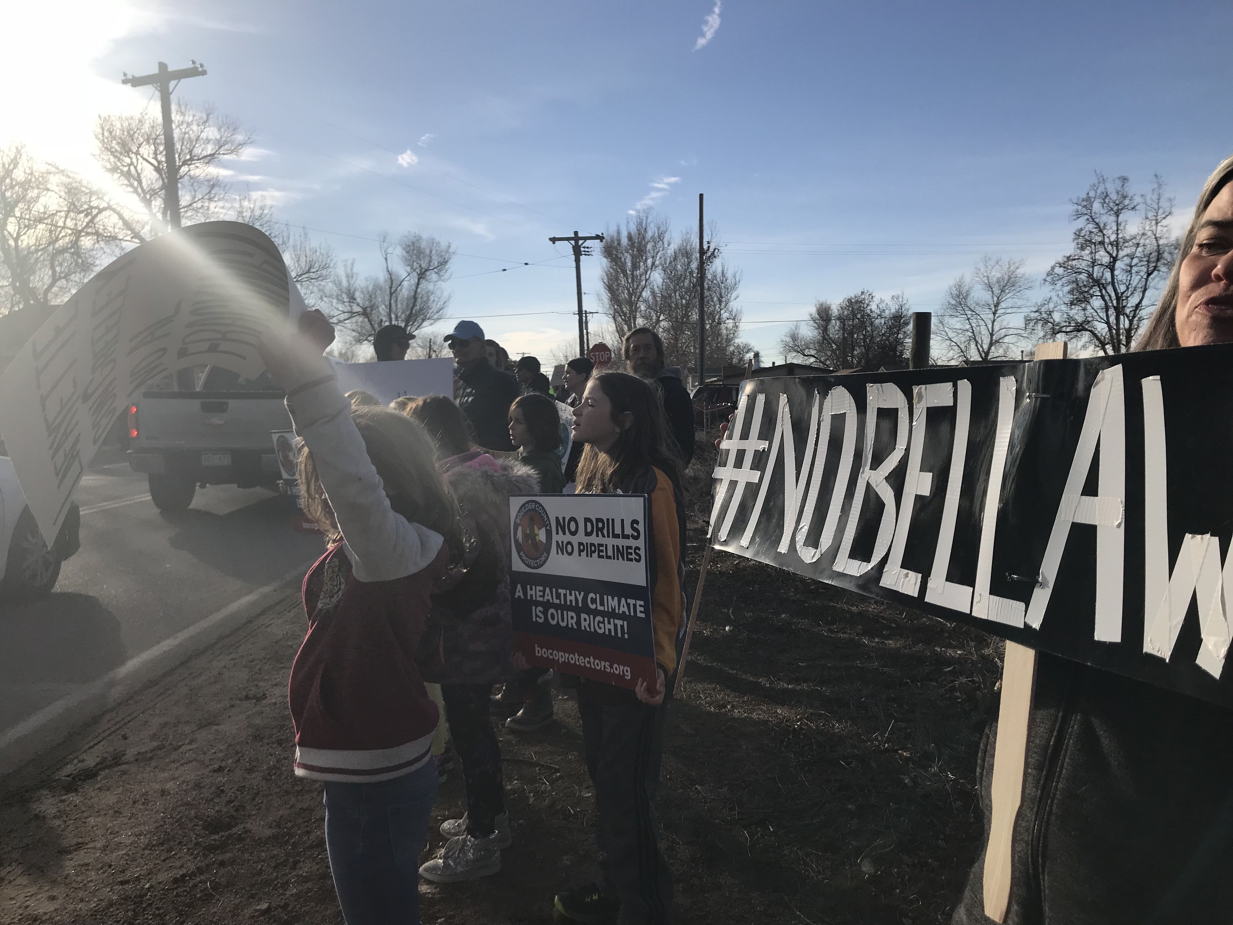 Students from Pioneer Elementary School in Lafayette, Colorado, traveled to Greeley, Colorado, to join Bella Romero Academy students and community members to protest the proposed drilling project. CREDIT: East Boulder County United