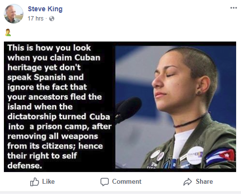 Screenshot of King's Facebook post attacking Gonzalez.