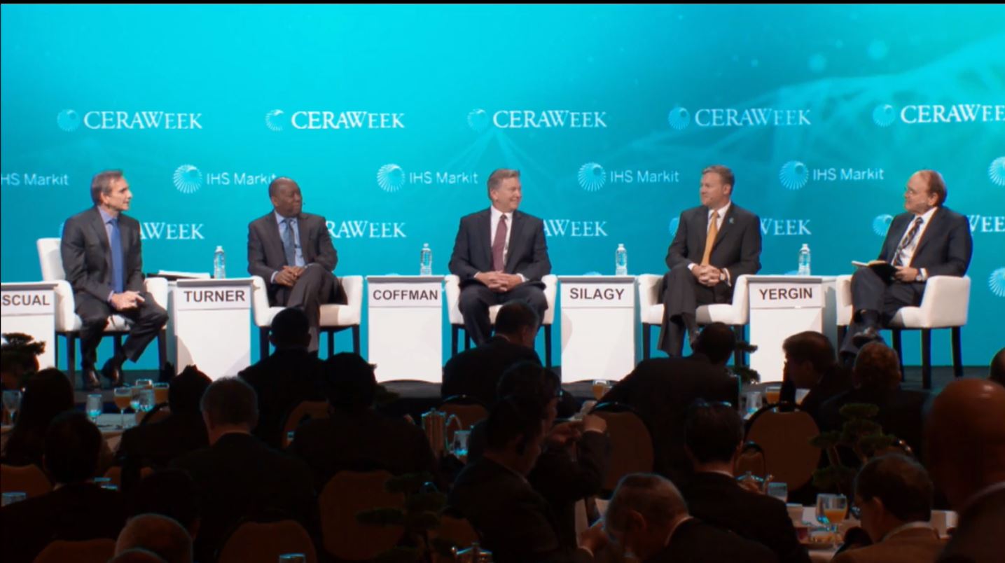 An all-male panel discussed how the fossil fuel industry can prepare for future natural disasters. Credit: CERAWeek screengrab.