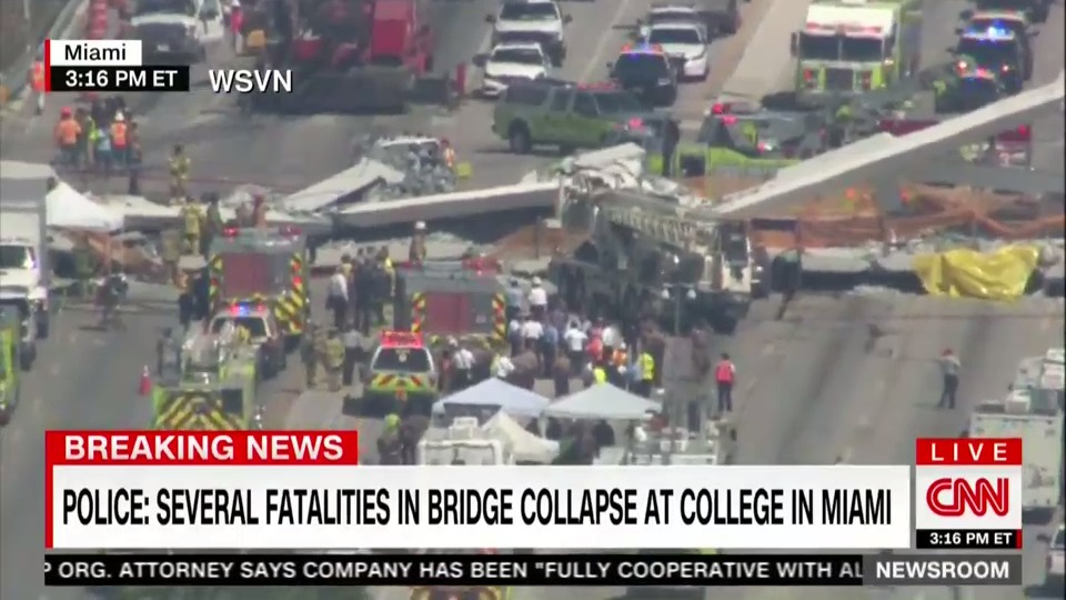 Pedestrian bridge collapses at Florida International University in Miami. (CREDIT: CNN, screengrab)