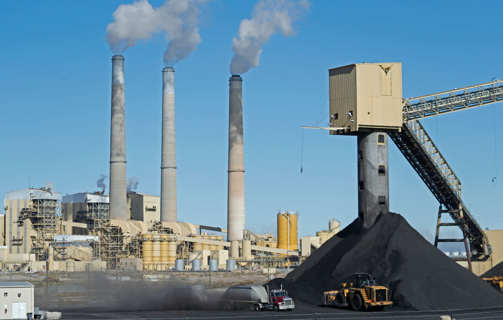 A coal power plant in Utah. CASTLE DALE, UT - OCTOBER 19: A truck delivers coal to Pacificorp's 1440 megawatt coal fired power plant on October 9, 2017 in Castle Dale, Utah, October 2017. CREDIT: George Frey/Getty Images