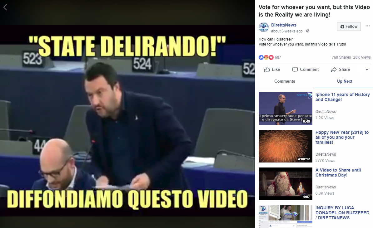 Screengrab of Matteo Salvini video shared by DirettaNews on Facebook