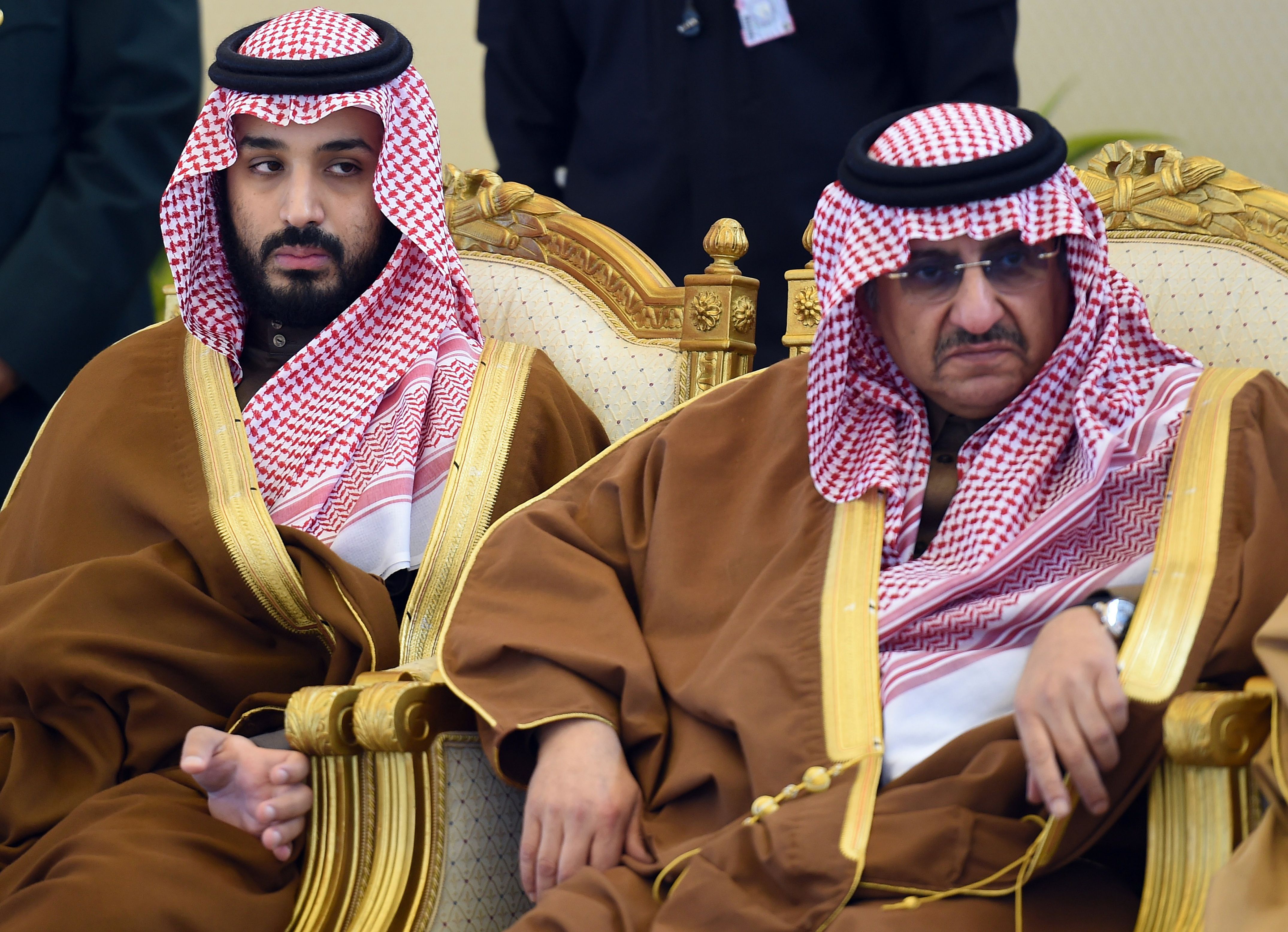 Mohamed bin Salman (L) and Interior Minister Mohammed bin Nayef attended the 136th Gulf Cooperation Council summit, in the Saudi capital Riyadh, on December 9, 2015. CREDIT: Fayez Nureldine/AFP/Getty Images.