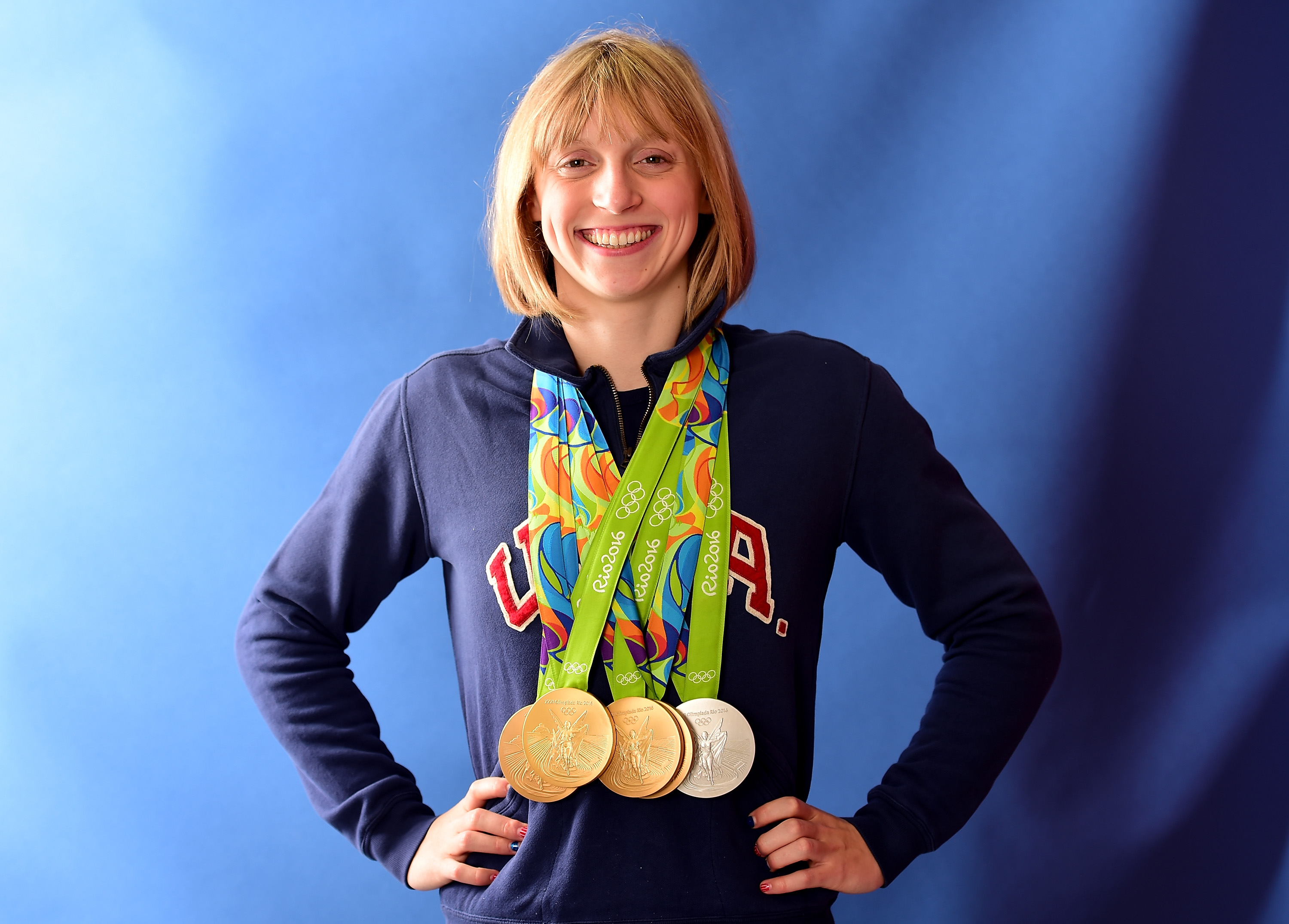 Swimmer, Katie Ledecky of the United States poses for a photo with her five medals on the Today show set on Copacabana Beach on August 13, 2016 in Rio de Janeiro, Brazil. (Photo by Harry How/Getty Images)