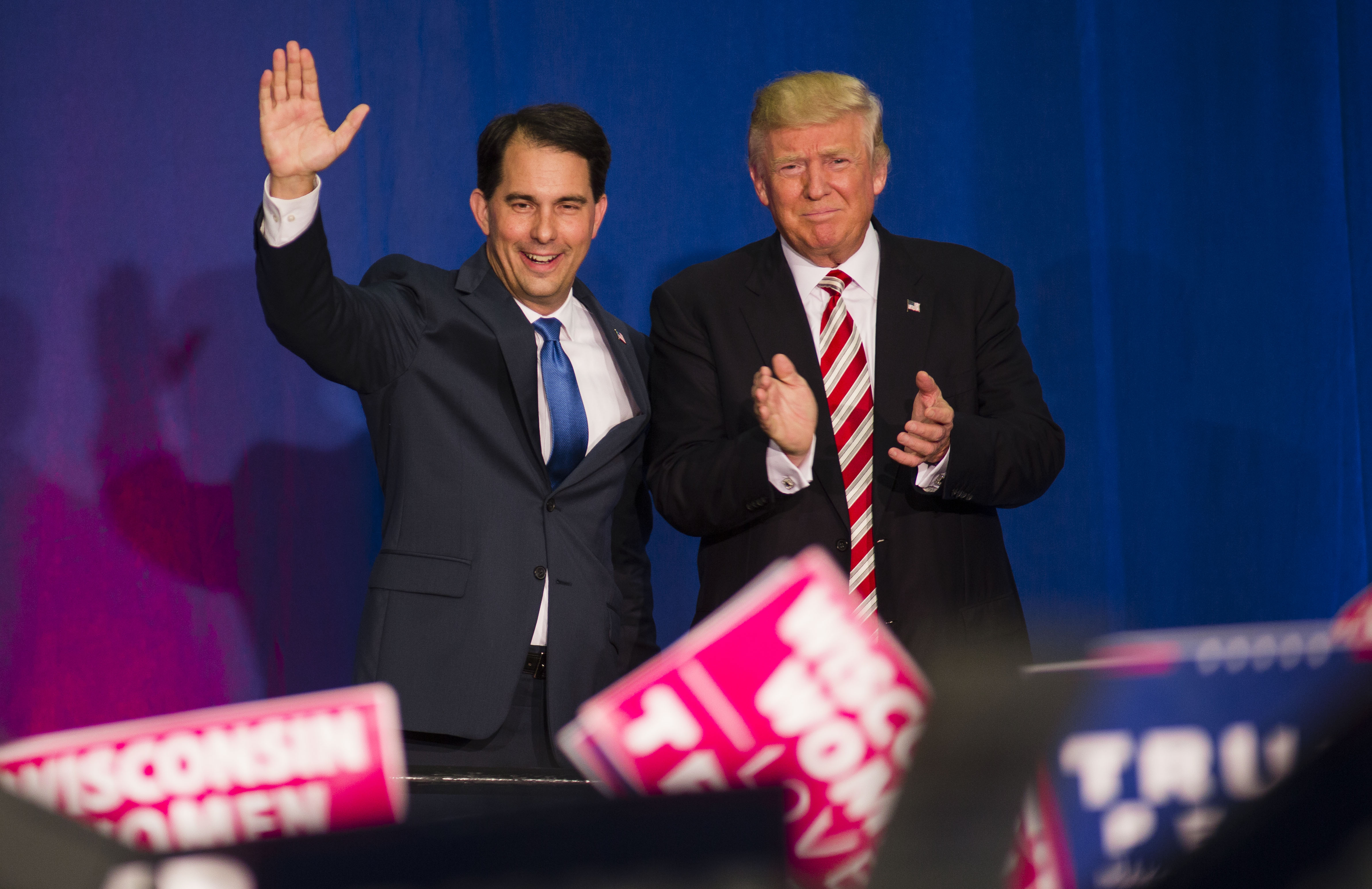 WEST BEND, WI - AUGUST 16: Wisconsin Gov. Scott Walker introduces Republican Presidential Candidate Donald Trump as he gets ready to speak at a rally on August 16, 2016 in West Bend, Wisconsin. (Photo by Darren Hauck/Getty Images)
