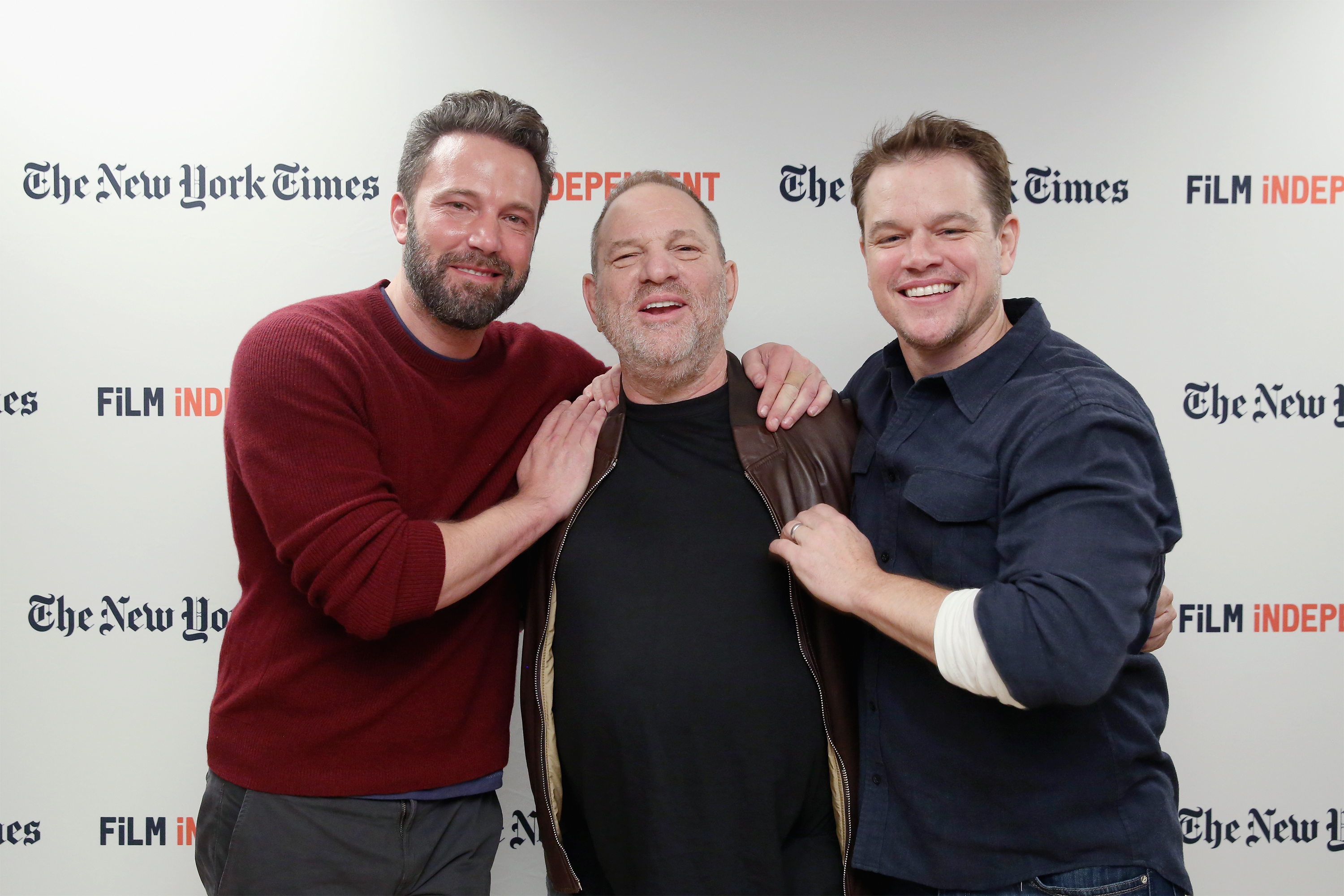 Two days after the New York Times published its bombshell investigation into Harvey Weinstein's alleged pattern of sexual harassment, Ben Affleck, Harvey Weinstein and Matt Damon attend the Film Independent NYC "Live Read" at NYU Skirball Center on October 7, 2016 in New York City. CREDIT: Mireya Acierto/WireImage