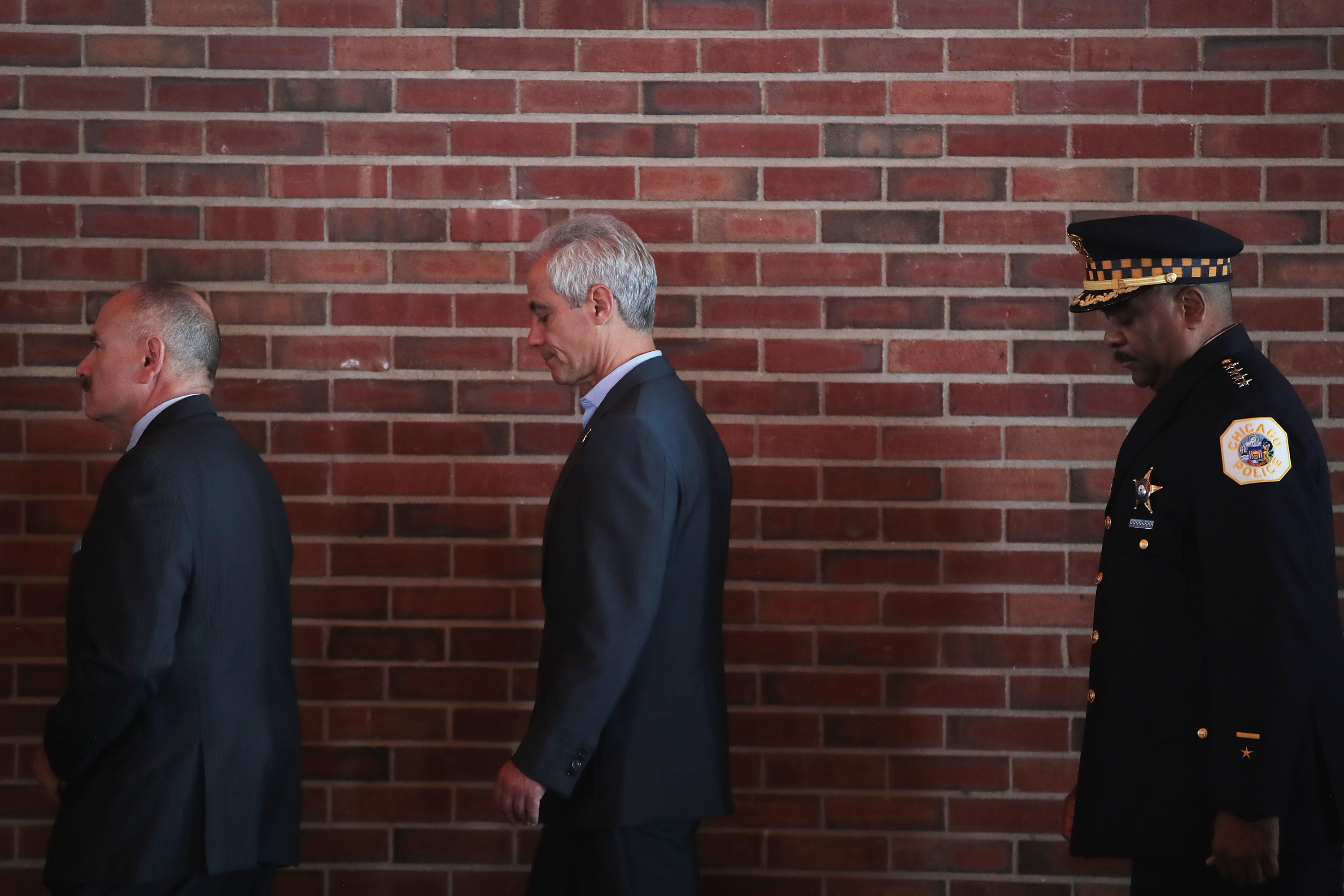 Chicago Mayor Rahm Emanuel and Police Superintendent Eddie Johnson attend a police academy graduation ceremony in 2017. CREDIT: Scott Olson/Getty Images