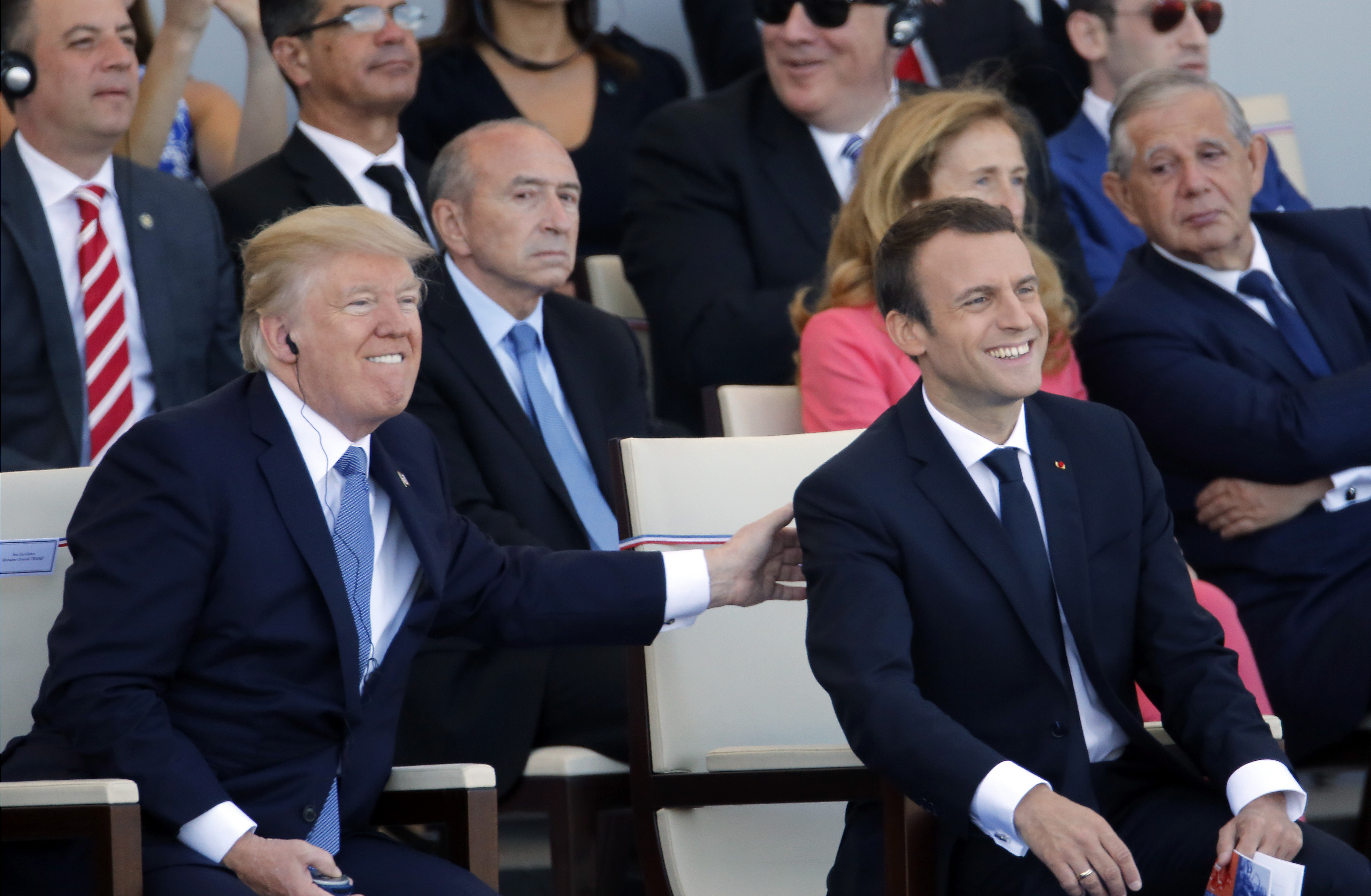 PARIS, FRANCE - JULY 14: U.S President Donald Trump and French President Emmanuel Macron attend the traditional Bastille day military parade on the Champs-Elysees on July 14, 2017 in Paris France. Bastille Day, the French National day commemorates this year the 100th anniversary of the entry of the United States of America into World War I. (Photo by Chesnot/Getty Images)