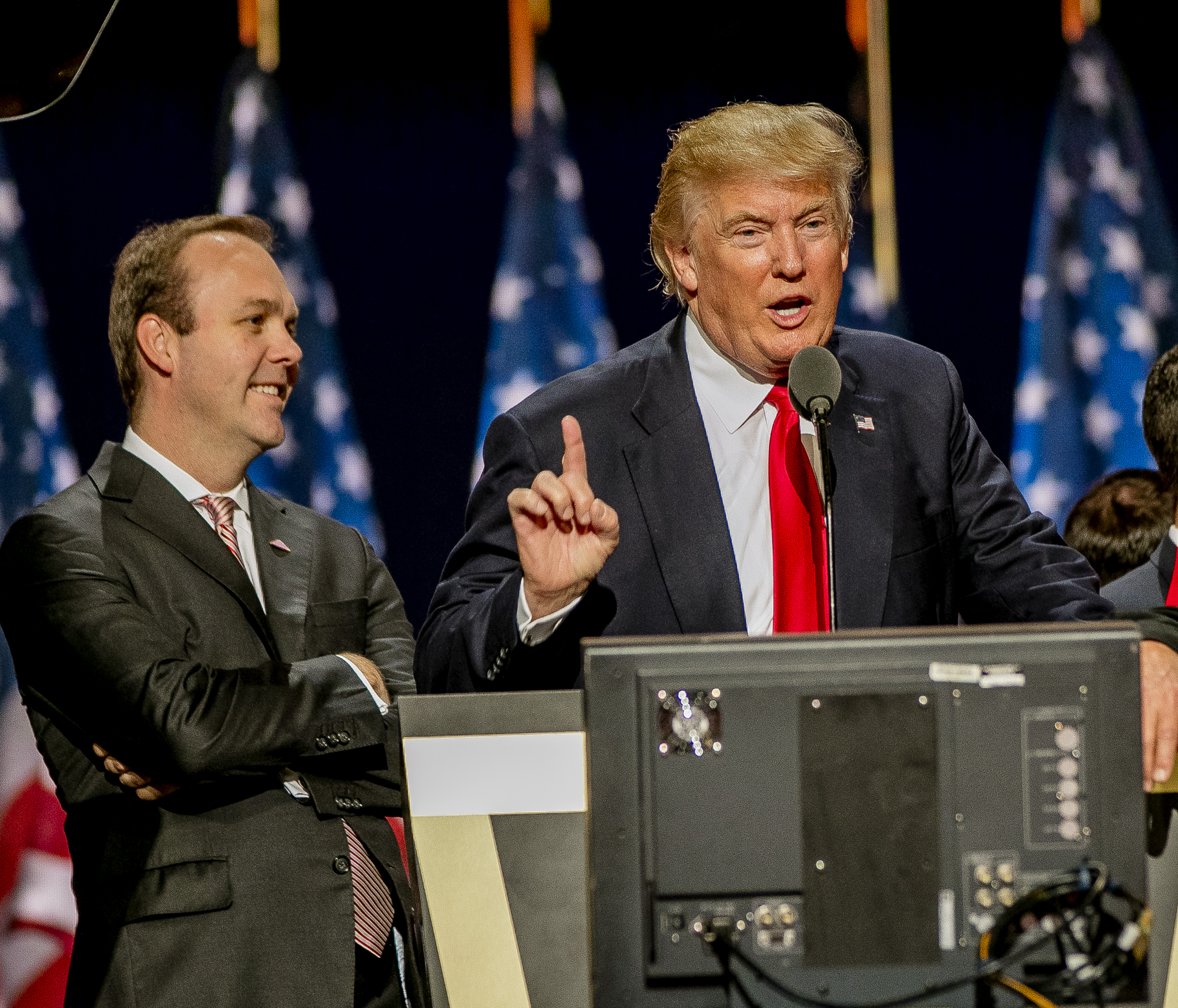 Rick Gates (left) d Trump on stage during the sound check on the final day of the Republican National Convention in Cleveland in July 2016. (CREDIT: Mark Reinstein/Corbis via Getty Images)