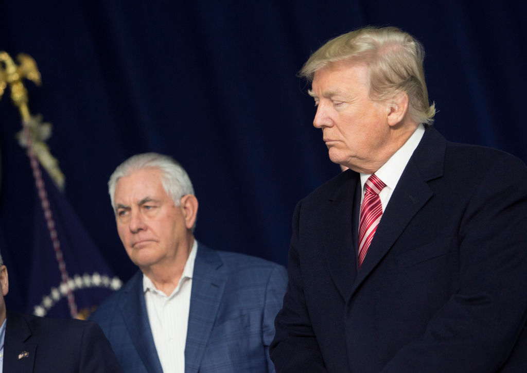 THURMONT, MD - JANUARY 6: (AFP OUT) U.S. Secretary of State Rex Tillerson and U.S. President Donald Trump listen as Republicans take turns speaking to the media at Camp David on January 6, 2018 in Thurmont, Maryland. (Photo by Chris Kleponis-Pool/Getty Images)
