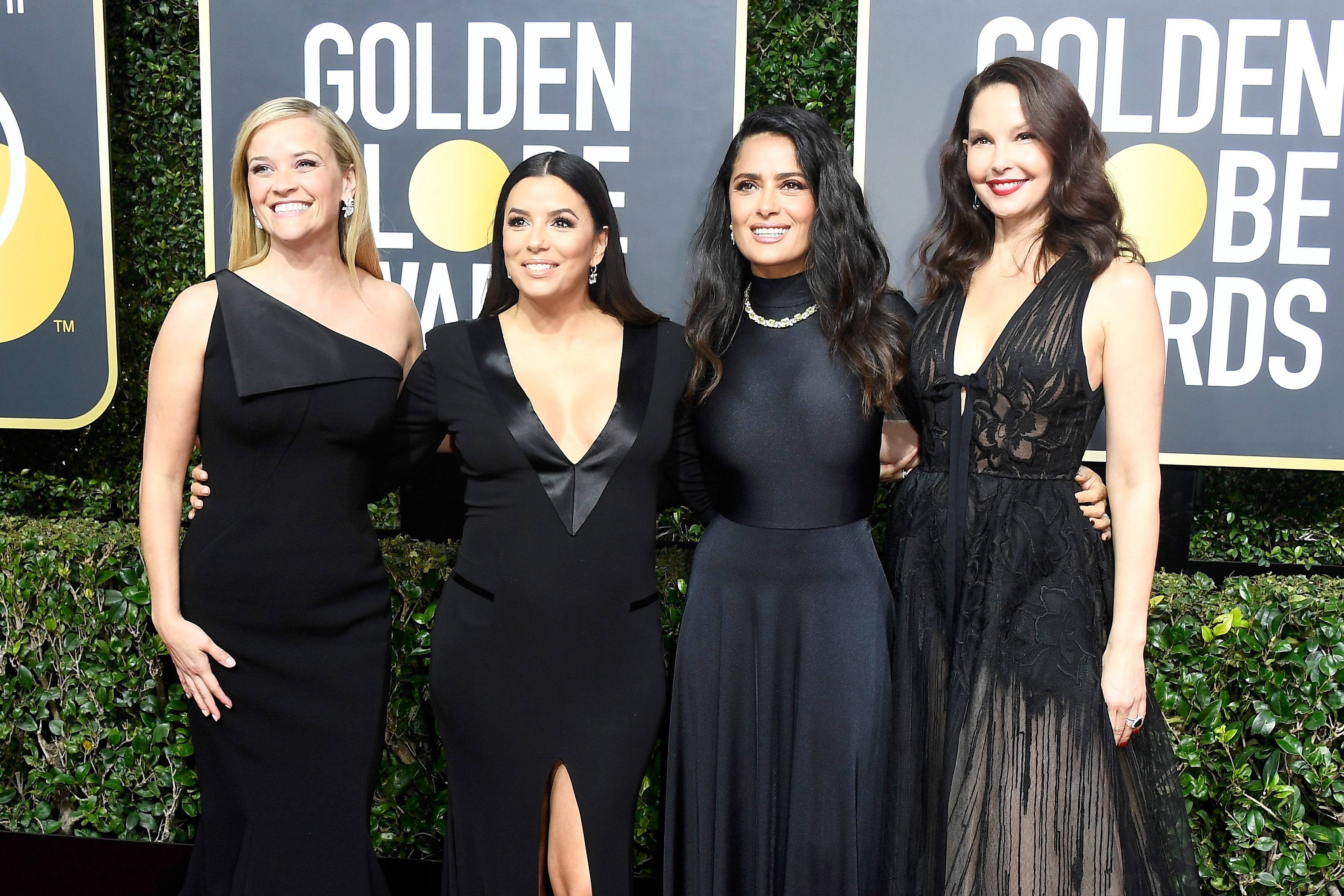 Original members of Time's Up, Reese Witherspoon, Eva Longoria, Salma Hayek, and Ashley Judd attend The 75th Annual Golden Globe Awards at The Beverly Hilton Hotel on January 7, 2018 in Beverly Hills, California. CREDIT: Frazer Harrison/Getty Images