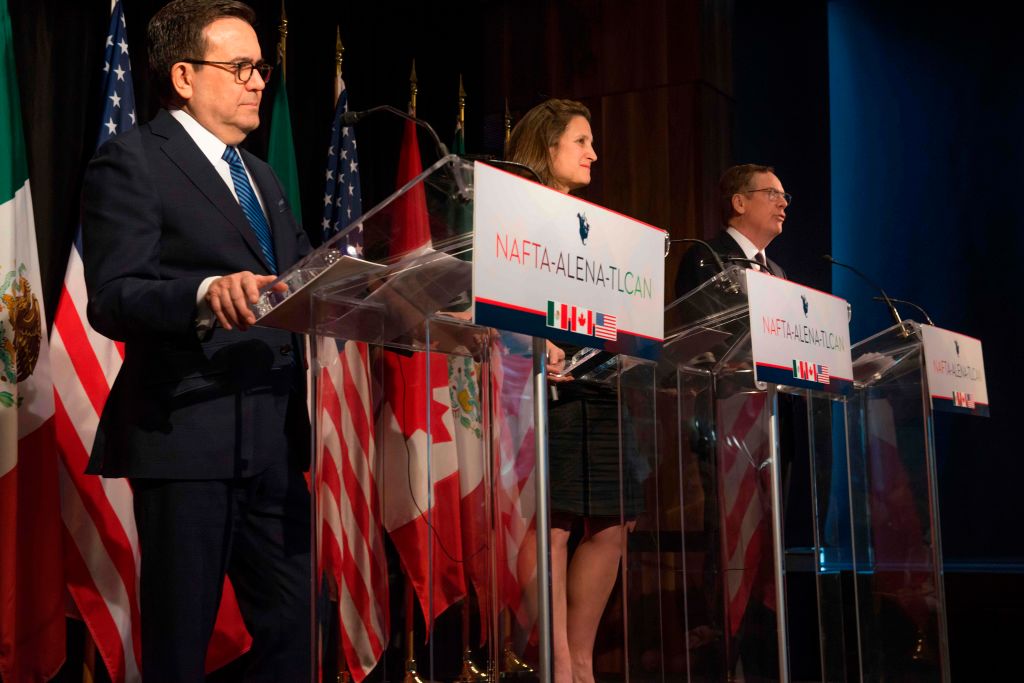 Mexico's Minister of Economy Ildefonso Guajardo (L), Canadian Foreign Affairs minister Chrystia Freeland (C), and US Trade Representative Robert Lighthizer address the press at the closing of the NAFTA meetings in Montreal, Quebec on January 29, 2018.
(CREDIT: PETER MCCABE/AFP/Getty Images)