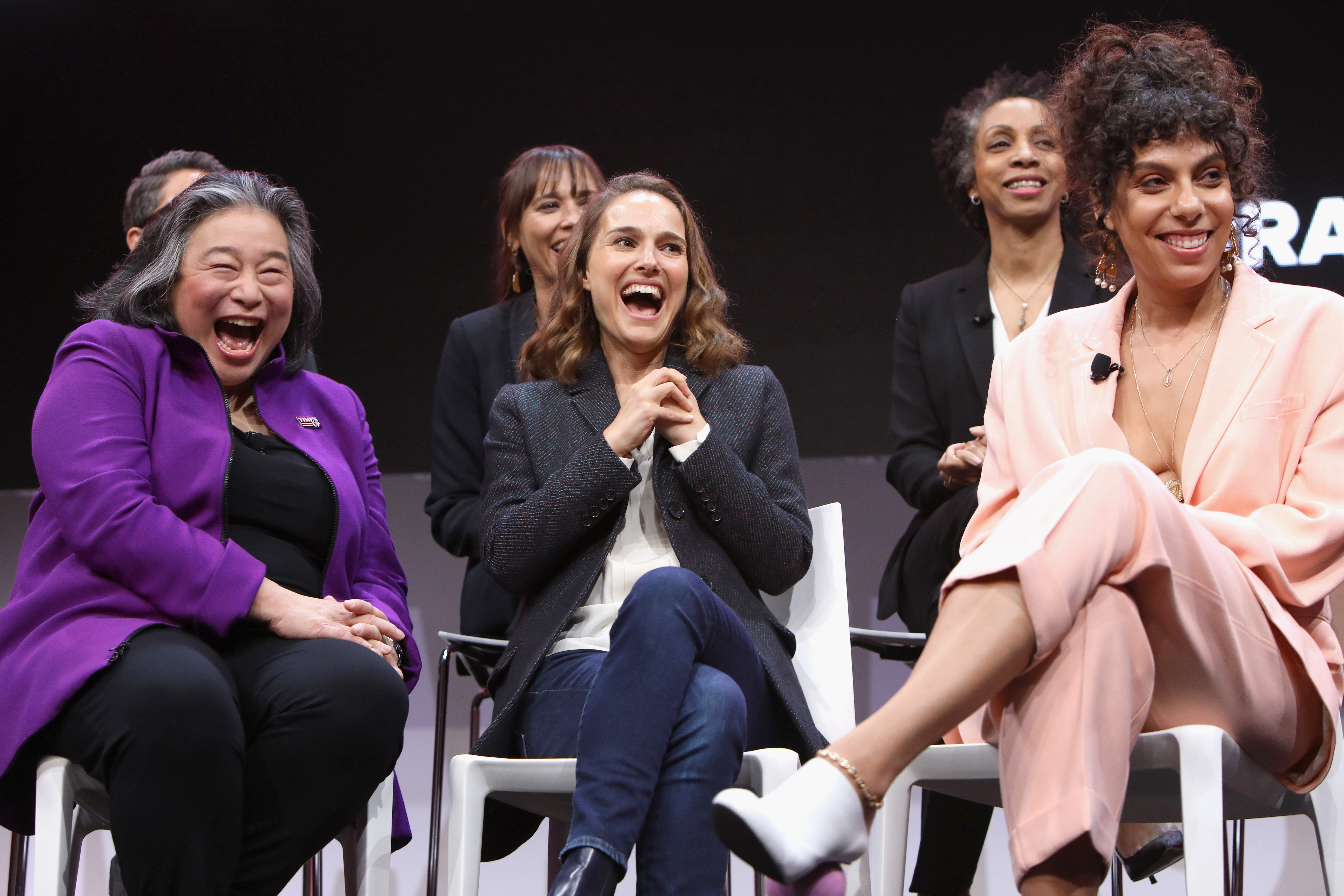 Jill Soloway, Rashida Jones, Nina Shaw, Tina Tchen, Natalie Portman and Melina Matsoukas speak onstage during The 2018 MAKERS Conference at NeueHouse Hollywood on February 5, 2018 in Los Angeles, California. CREDIT: Rachel Murray/Getty Images for MAKERS