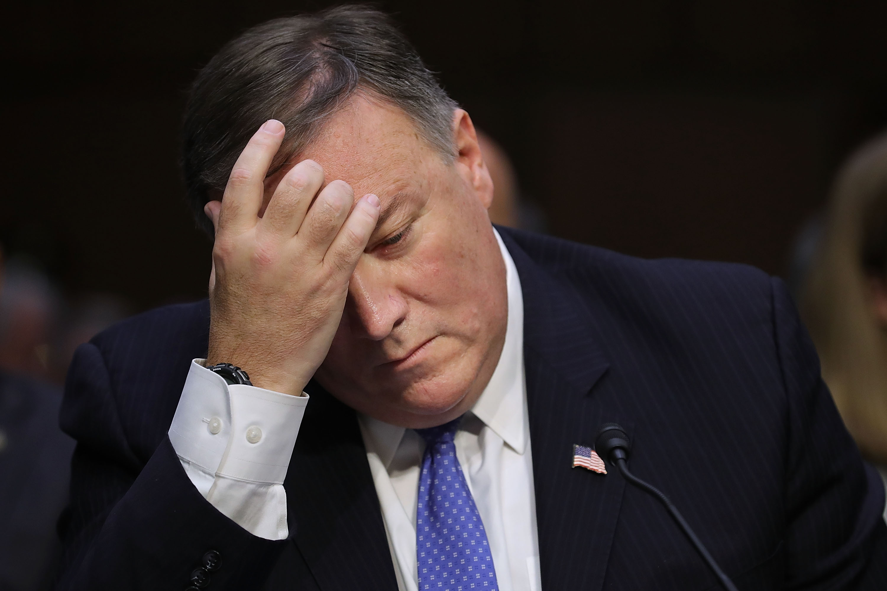 Central Intelligence Agency Director Mike Pompeo testifies before the Senate Intelligence Committee in the Hart Senate Office Building on Capitol Hill February 13, 2018 in Washington, DC. CREDIT: Chip Somodevilla/Getty Images.