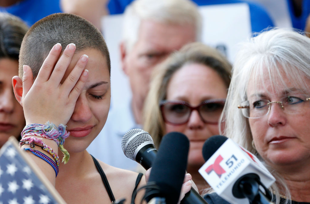 Marjory Stoneman Douglas High School student Emma González gives a speech at a rally for gun control at the Broward County Federal Courthouse in Fort Lauderdale, Florida on February 17, 2018. CREDIT: RHONA WISE/AFP/Getty Images