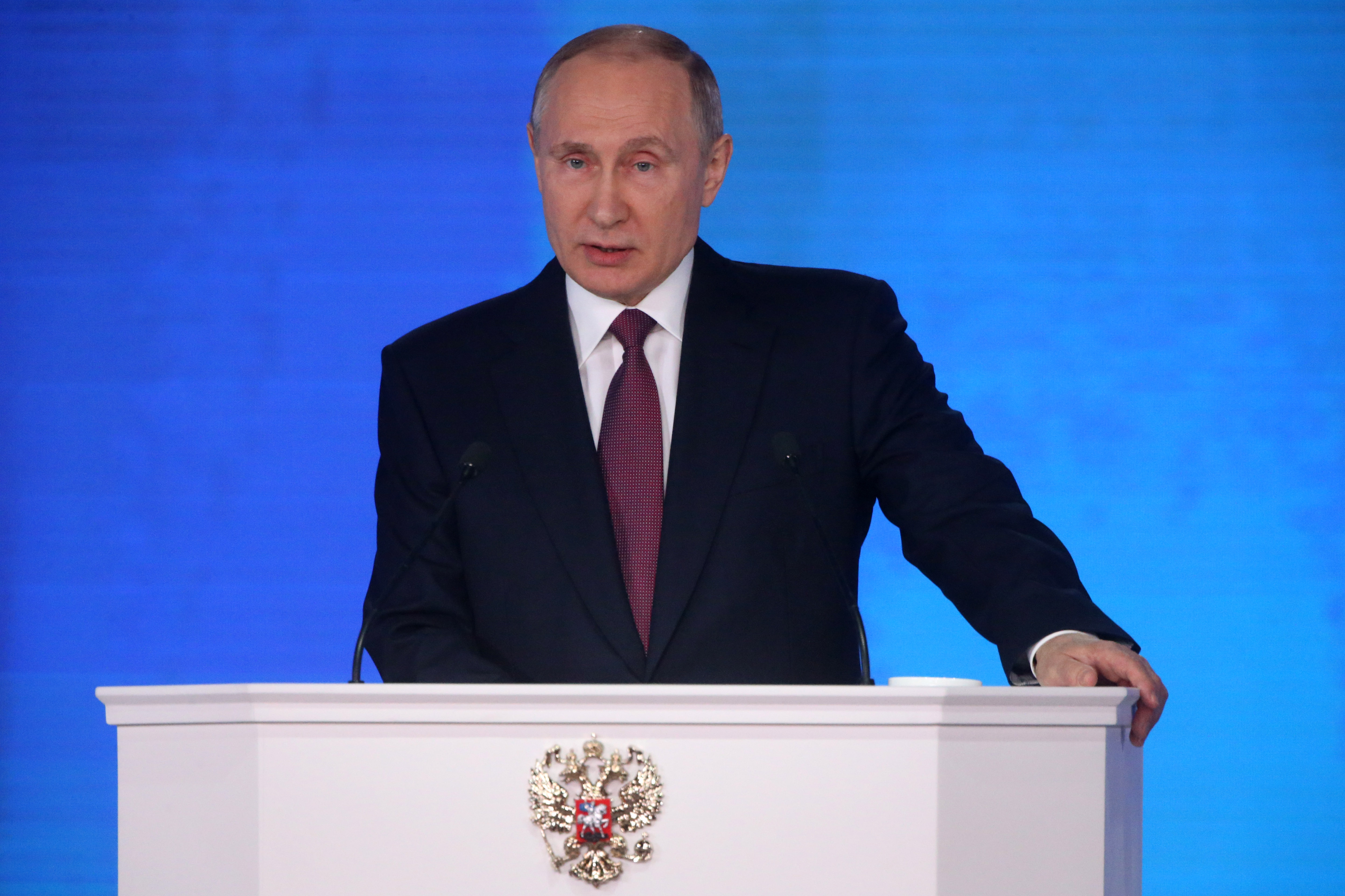 Russian President Vladimir Putin speaks during his annual state to the nation address, on March 1, 2018 in Moscow, Russia. CREDIT: Mikhail Svetlov/Getty Images.