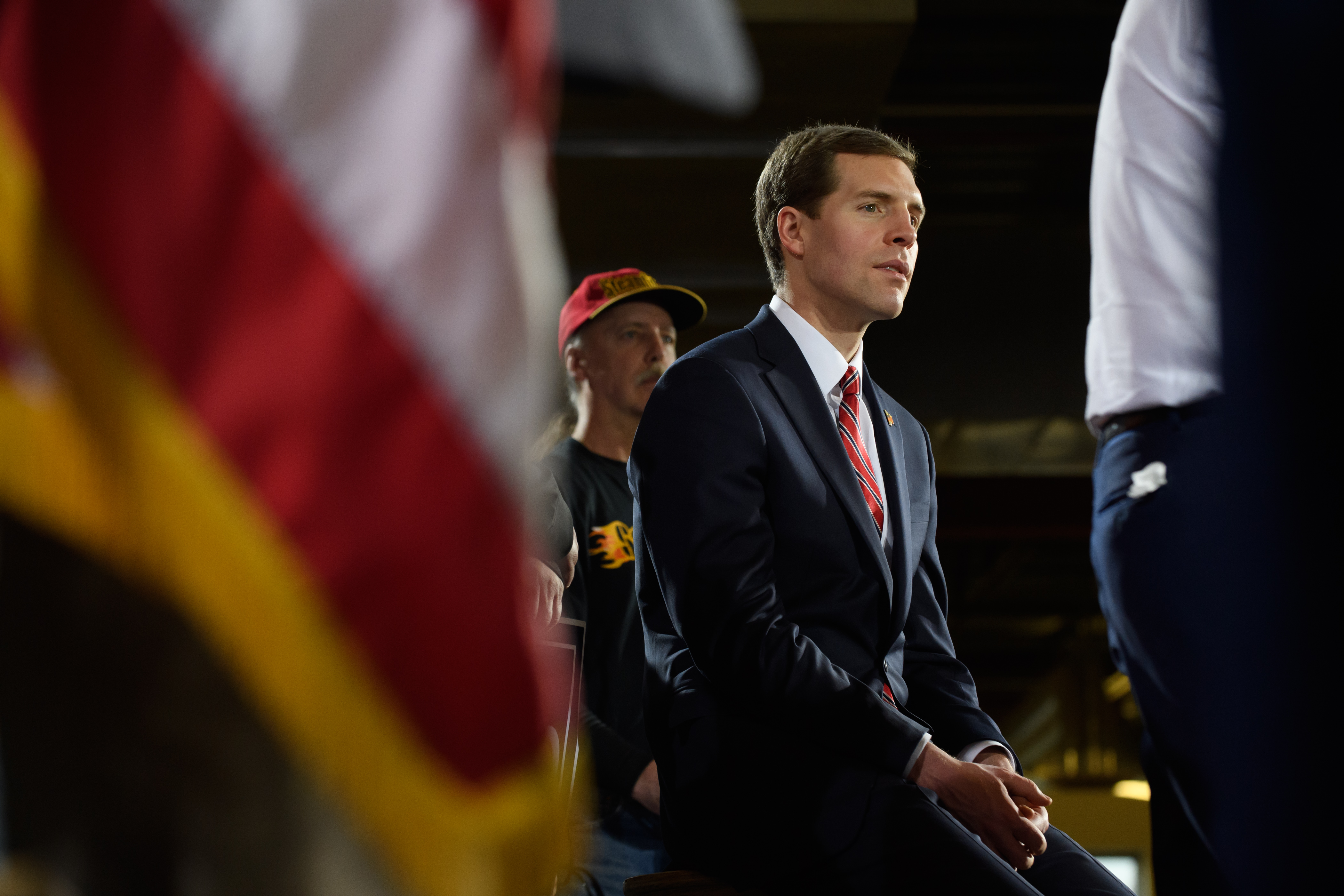 Democratic congressional candidate Conor Lamb listens as former Vice President Joe Biden speaks at a rally in support of Tuesday March 6, 2018 at the Union Carpenters Training Center in Pittsburgh. Lamb is running in a tight race for the vacated seat of Congressman Tim Murphy against Rick Saccone. CREDIT: Photo by Jeff Swensen/Getty Images