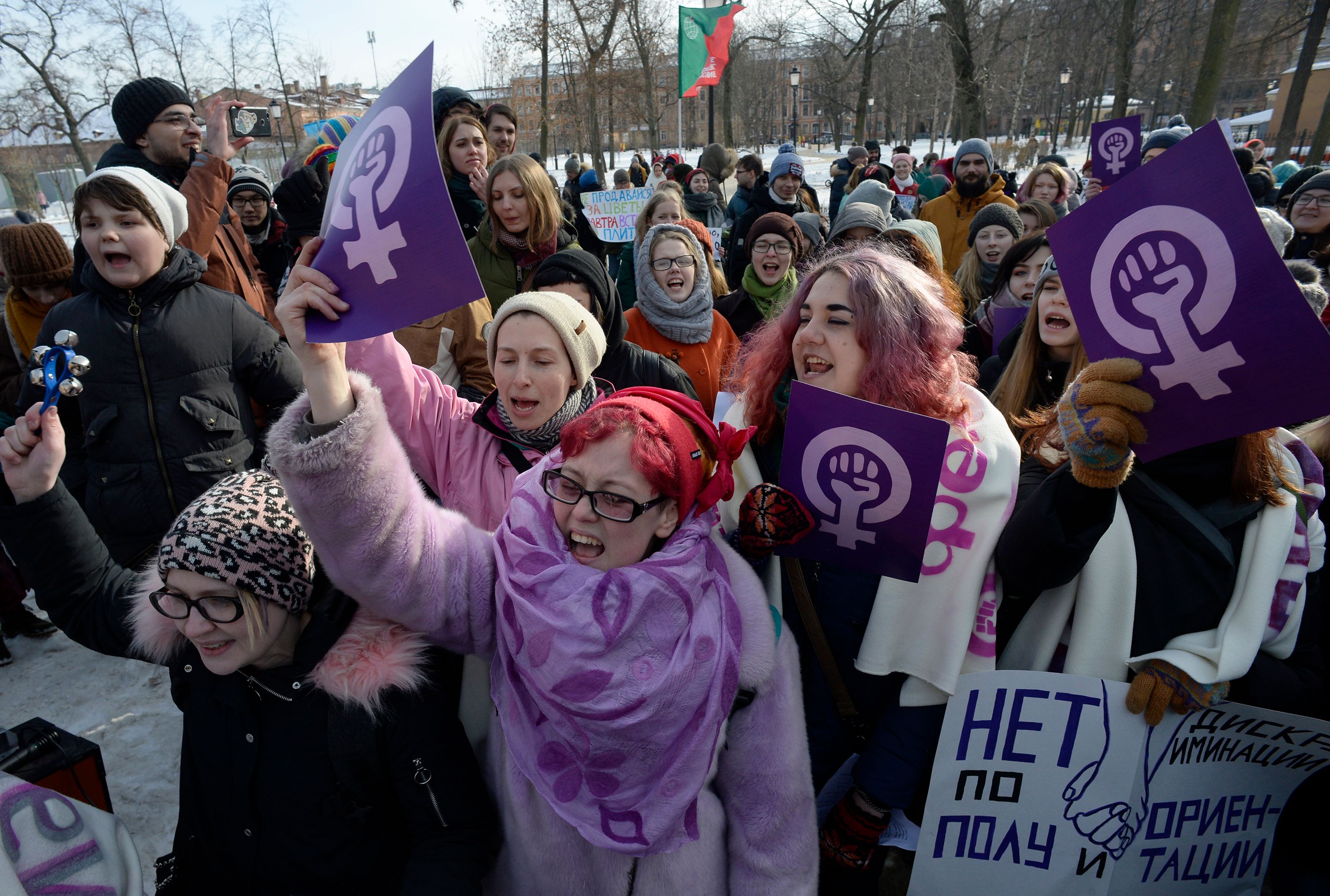 Feminists take part in a rally for gender equality and against violence towards women on International Women's Day in Saint Petersburg on March 8, 2018. (CREDIT: OLGA MALTSEVA/AFP/Getty Images)