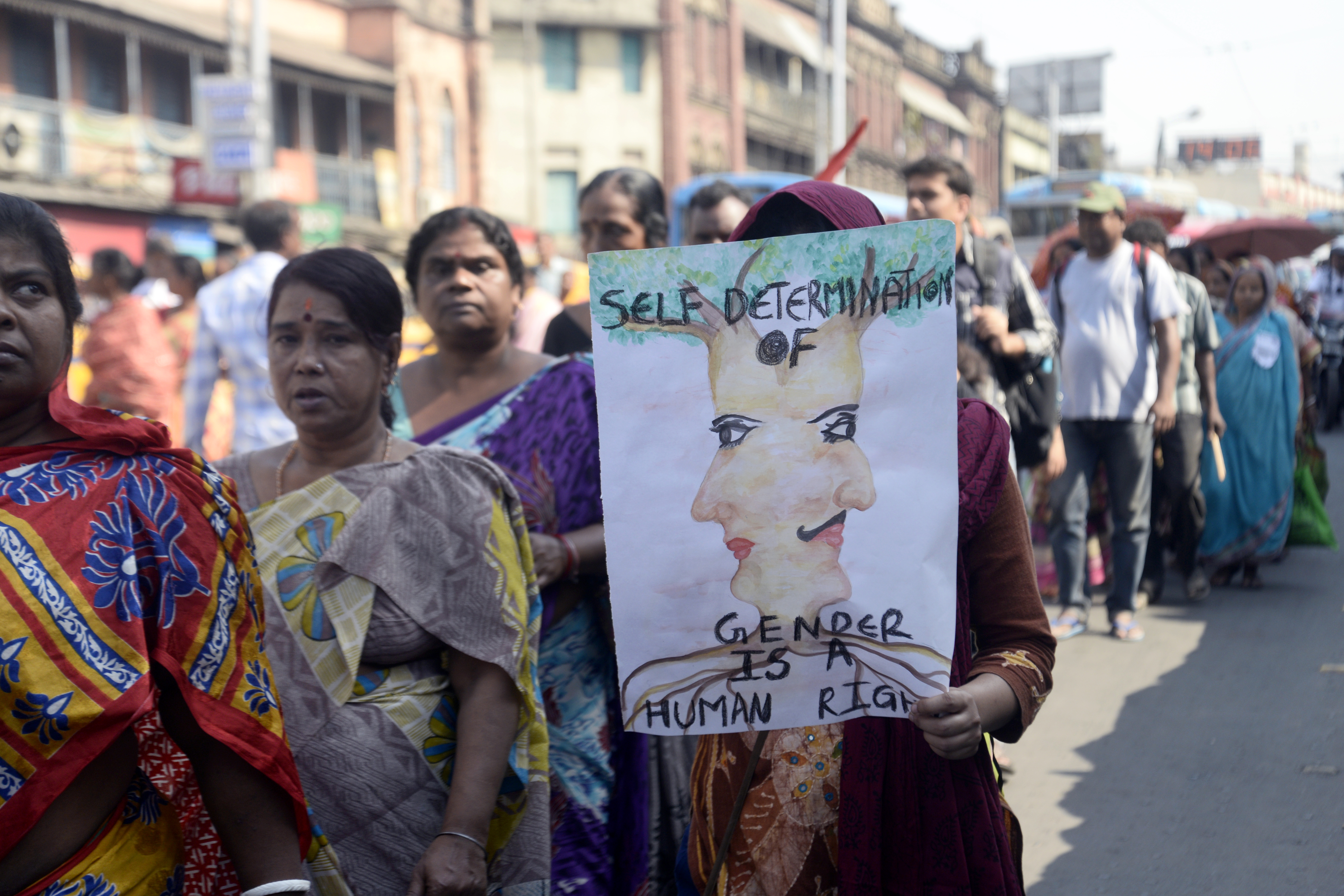 KOLKATA, WEST BENGAL, INDIA - Activist holds placards for their demands during International Women's Day. Activist of Women rights, Transgender rights and social rights organization take part in a rally for women rights and women demand on the occasion of International Women's Day rally. (CREDIT: Saikat Paul/Pacific Press/LightRocket via Getty Images)