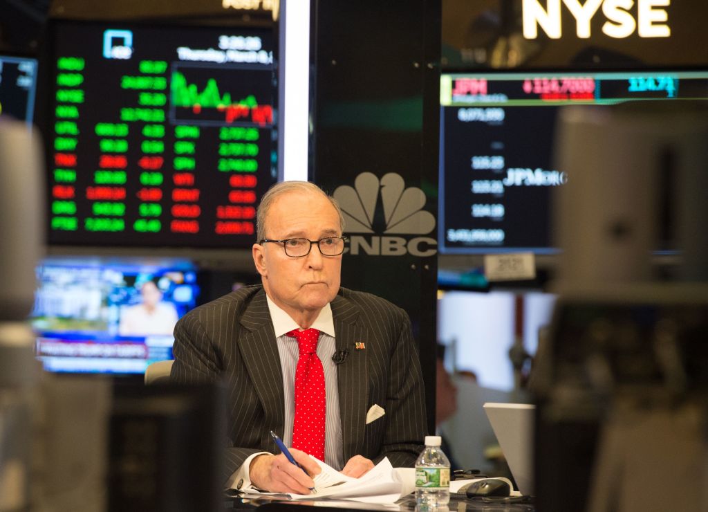 Larry Kudlow on the set of CNBC at the New York Stock Exchange on March 8, 2018 in New York. CREDIT: BRYAN R. SMITH/AFP/Getty Images