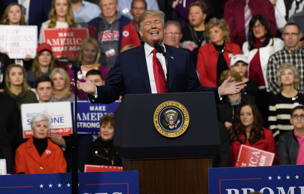 MOON TOWNSHIP, PA - MARCH 10: President Donald J. Trump speaks to supporters at the Atlantic Aviation Hanger on March 10, 2018 in Moon Township, Pennsylvania. (Photo by Jeff Swensen/Getty Images)