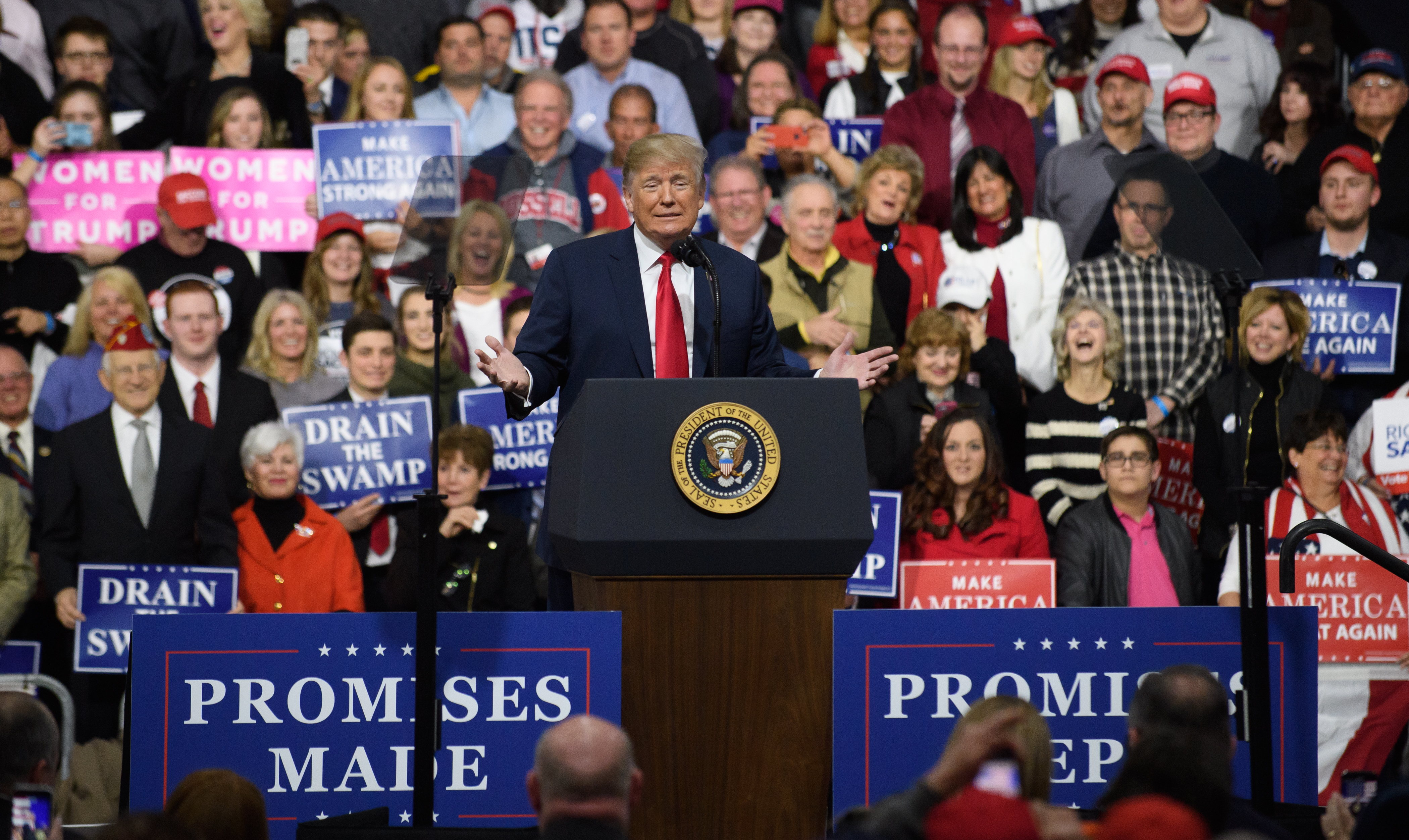 President Donald Trump speaks at a rally for GOP House candidate Rick Saccone in Pennsylvania on Saturday. CREDIT: Jeff Swensen/Getty Images