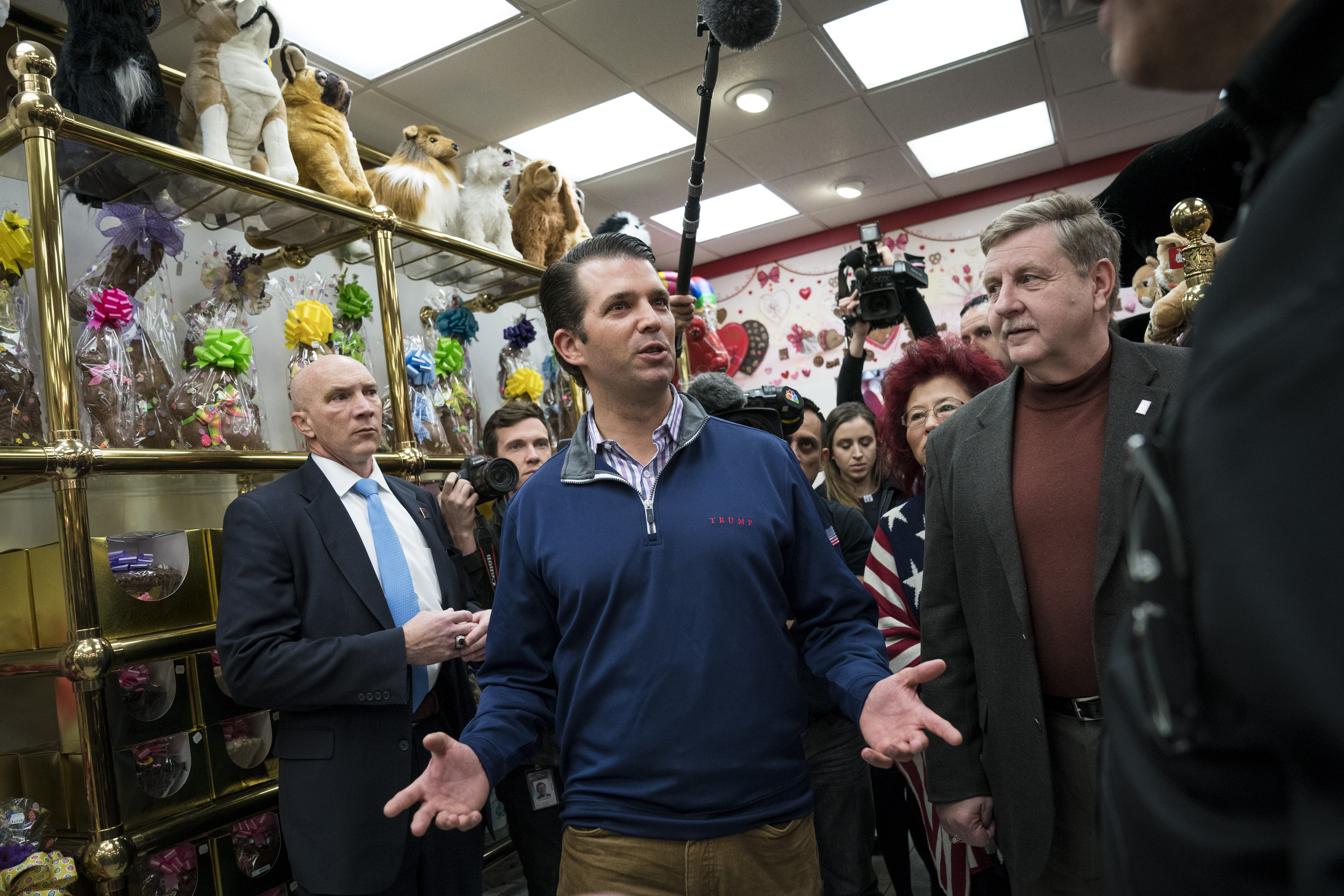 Donald Trump Jr. and Rick Saccone, Republican Congressional candidate for Pennsylvania's 18th district, take a tour of Sarris Candies, March 12, 2018 in Canonsburg, Pennsylvania. CREDIT: Photo by Drew Angerer/Getty Images