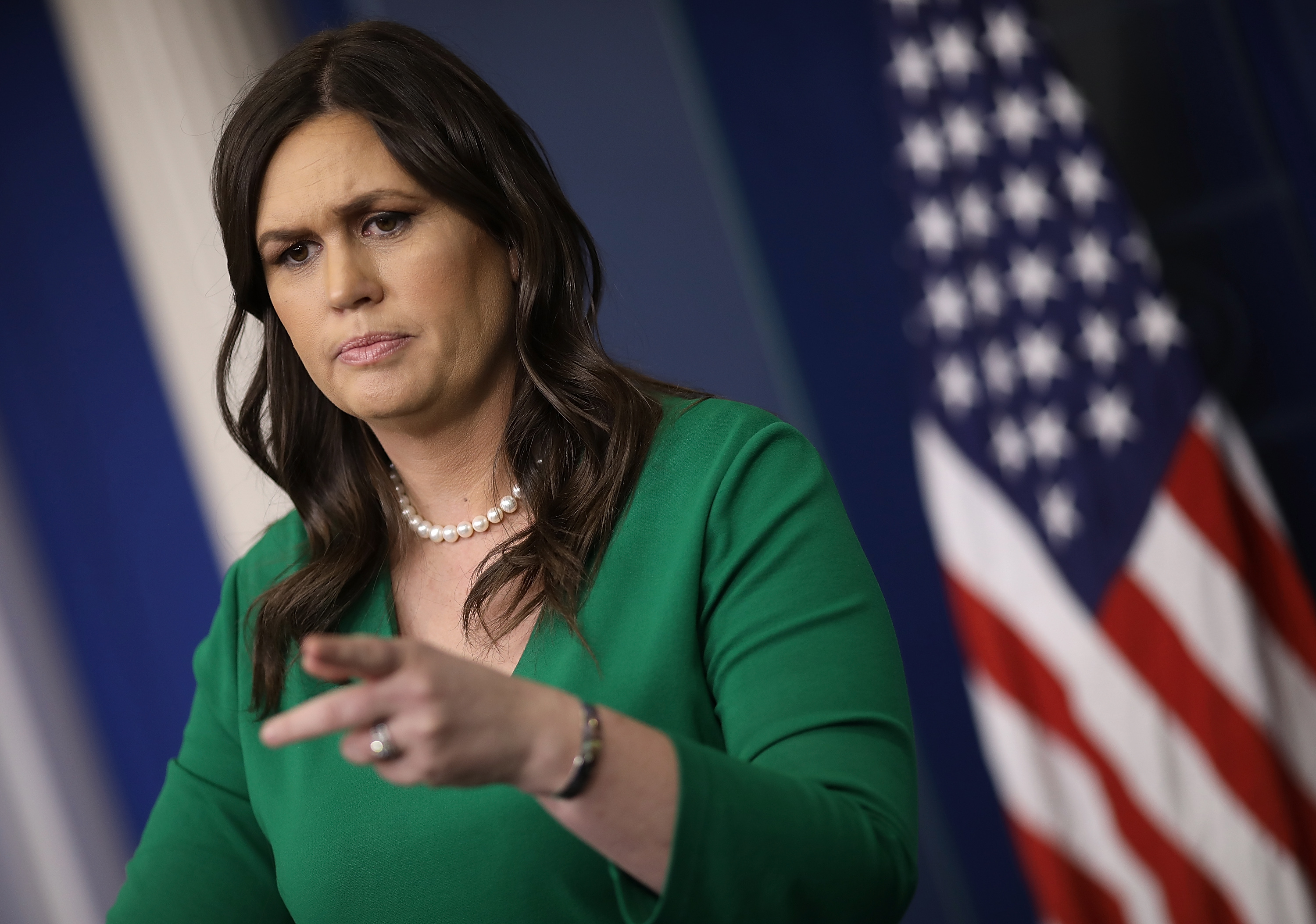 Press secretary Sarah Huckabee Sanders defended Trump's lies about U.S. trade with Canada during Thursday's briefing. (CREDIT: Photo by Win McNamee/Getty Images)