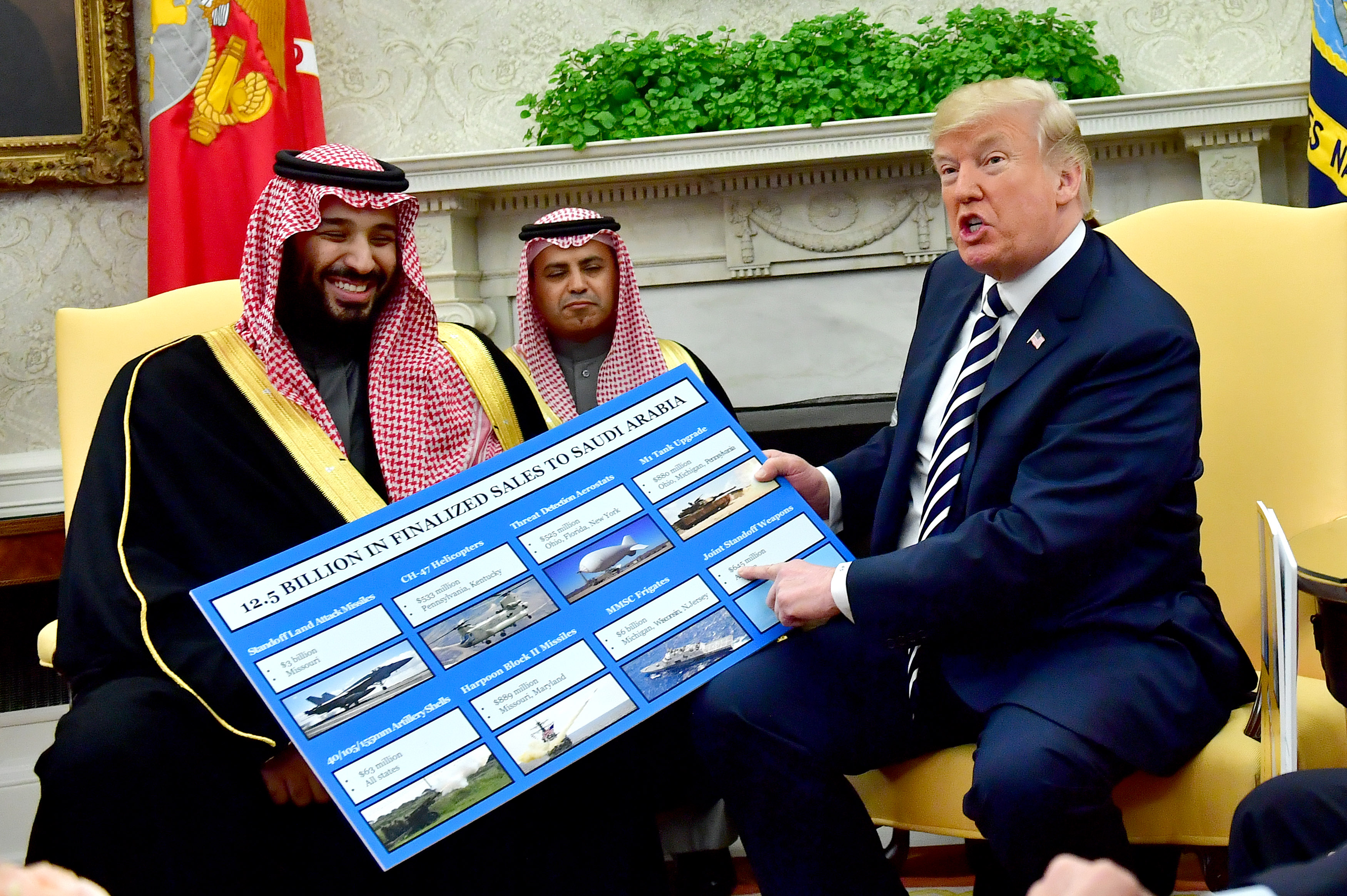 President Trump holds up a chart of military hardware sales as he meets with Crown Prince Mohammed bin Salman of the Kingdom of Saudi Arabia in the Oval Office at the White House on March 20, 2018 in Washington, D.C. (CREDIT: Kevin Dietsch/Getty Images)