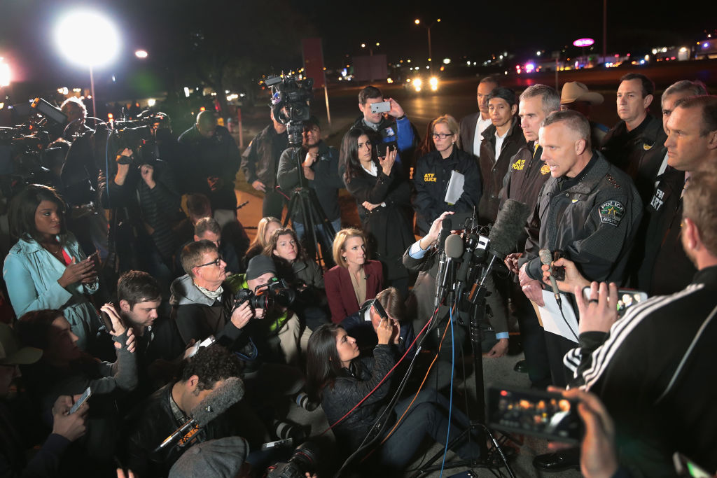 ROUND ROCK, TX - MARCH 21: Austin Police Chief Brian Manley speaks to the media near the location where the suspected package bomber was killed in suburban Austin on March 21, 2018 in Round Rock, Texas. CREDIT: Scott Olson/Getty Images