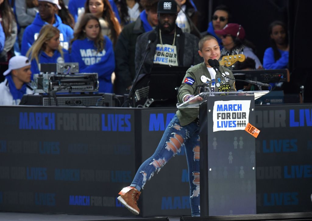 Marjory Stoneman Douglas High School student Emma Gonzalez speaks during the March for Our Lives Rally in Washington, DC on March 24, 2018.
(CREDIT: MANDEL NGAN/AFP/Getty Images)