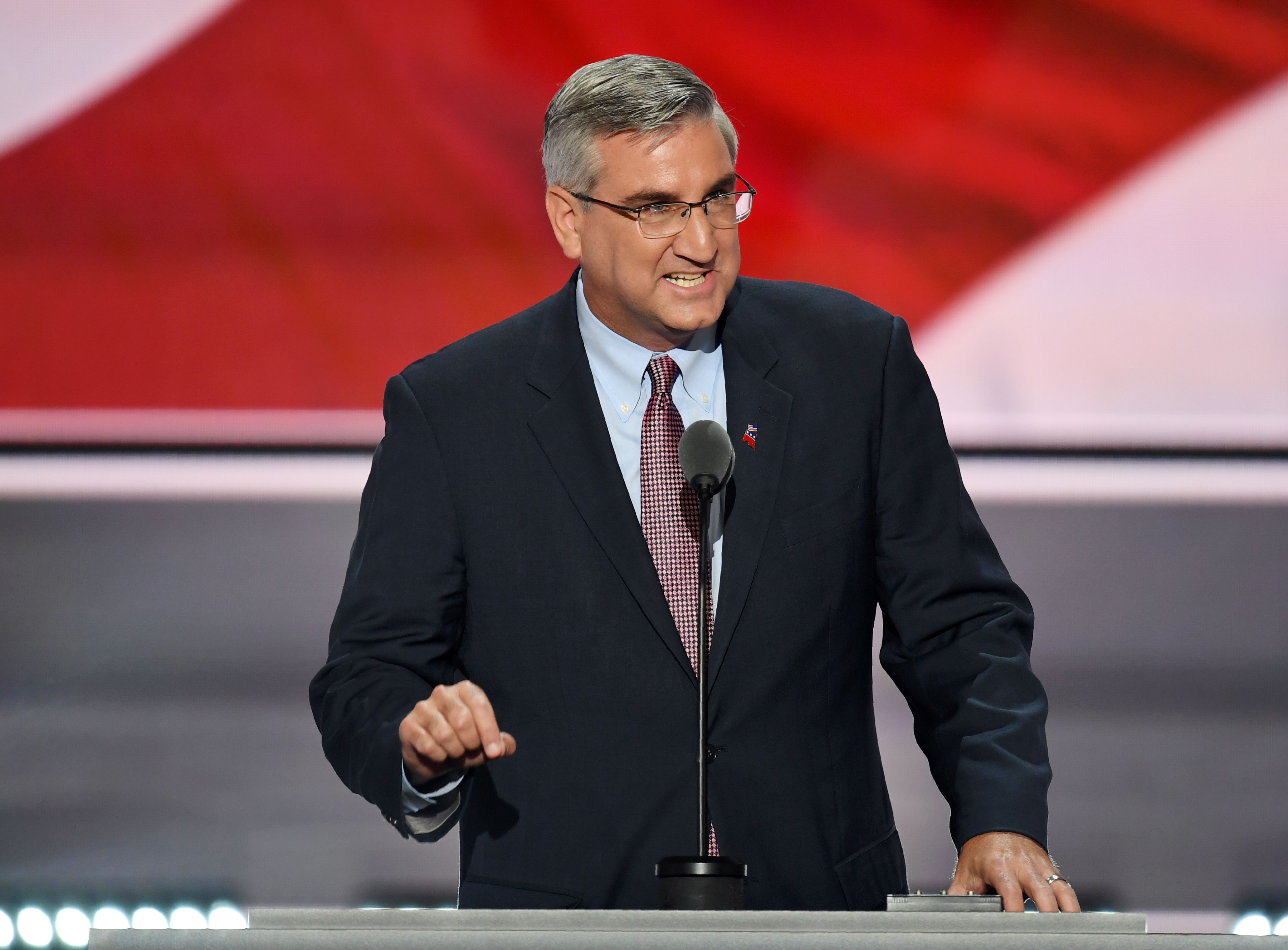 Indiana Gov. Eric Holcomb (R) speaks on the second day of the Republican National Convention at the Quicken Loans Arena in Cleveland on July 19, 2016. (Credit: JIM WATSON/AFP/Getty Images)