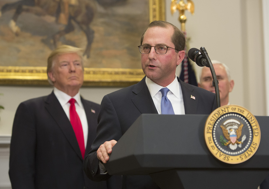 Alex Azar, new Secretary of the Department of Health and Human Services, speaks after being sworn in as President Donald J. Trump looks on January 29, 2018. CREDIT: Chris Kleponis-Pool/Getty Images