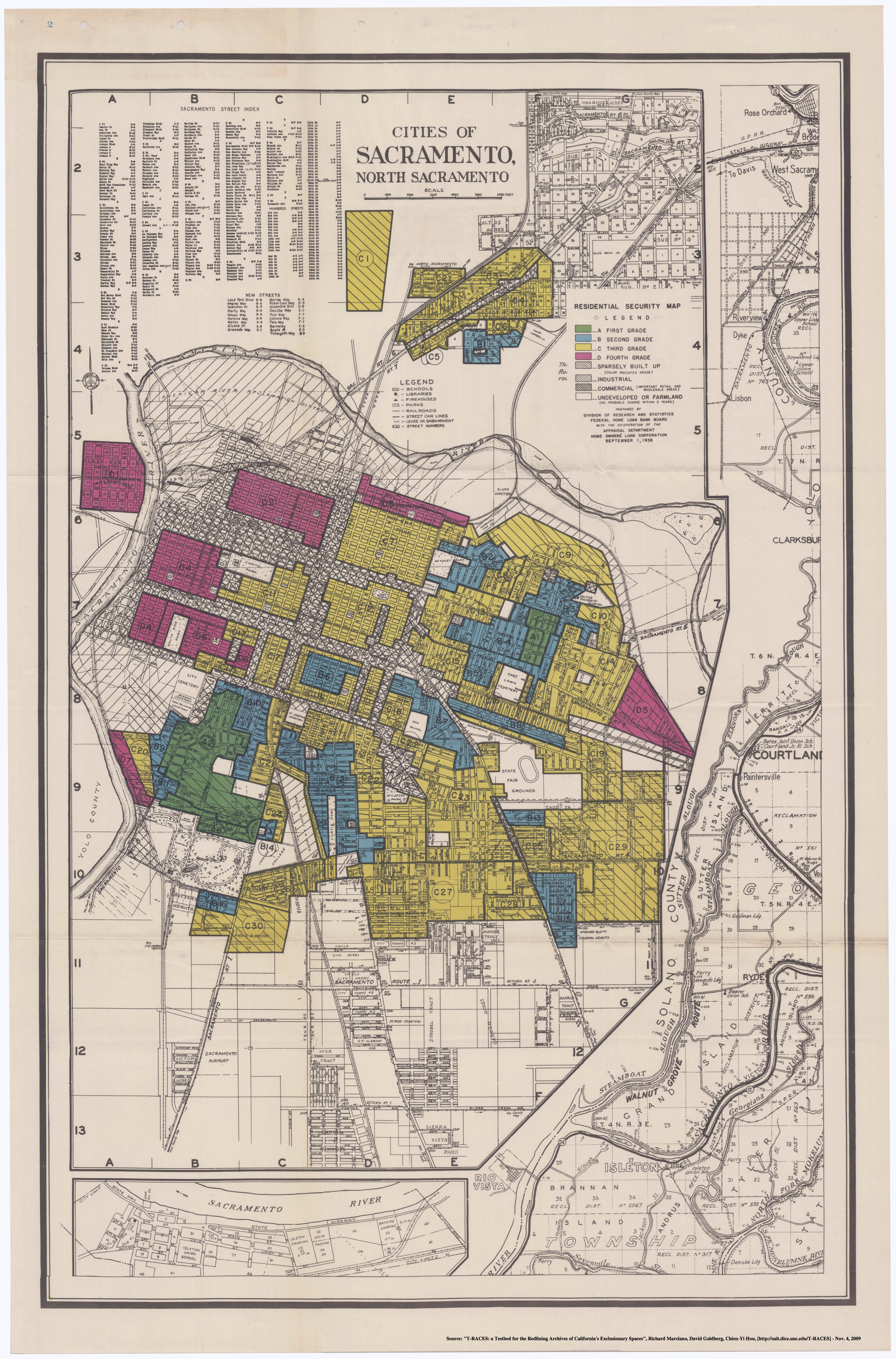A 1938 MAP OF HOW SACRAMENTO WAS REDLINED AT THAT TIME. CREDIT: UNIVERSITY OF MARYLAND/RACES REDLINING