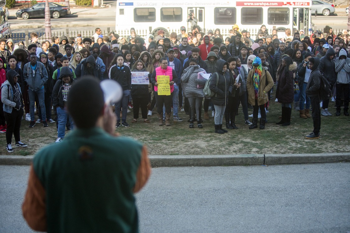 Students at Philadelphia High School of Creative And Performing Arts participate in a walkout to address school safety and gun violence on March 14, 2018 in Philadelphia, Pennsylvania. CREDIT: Jessica Kourkounis/Getty Images