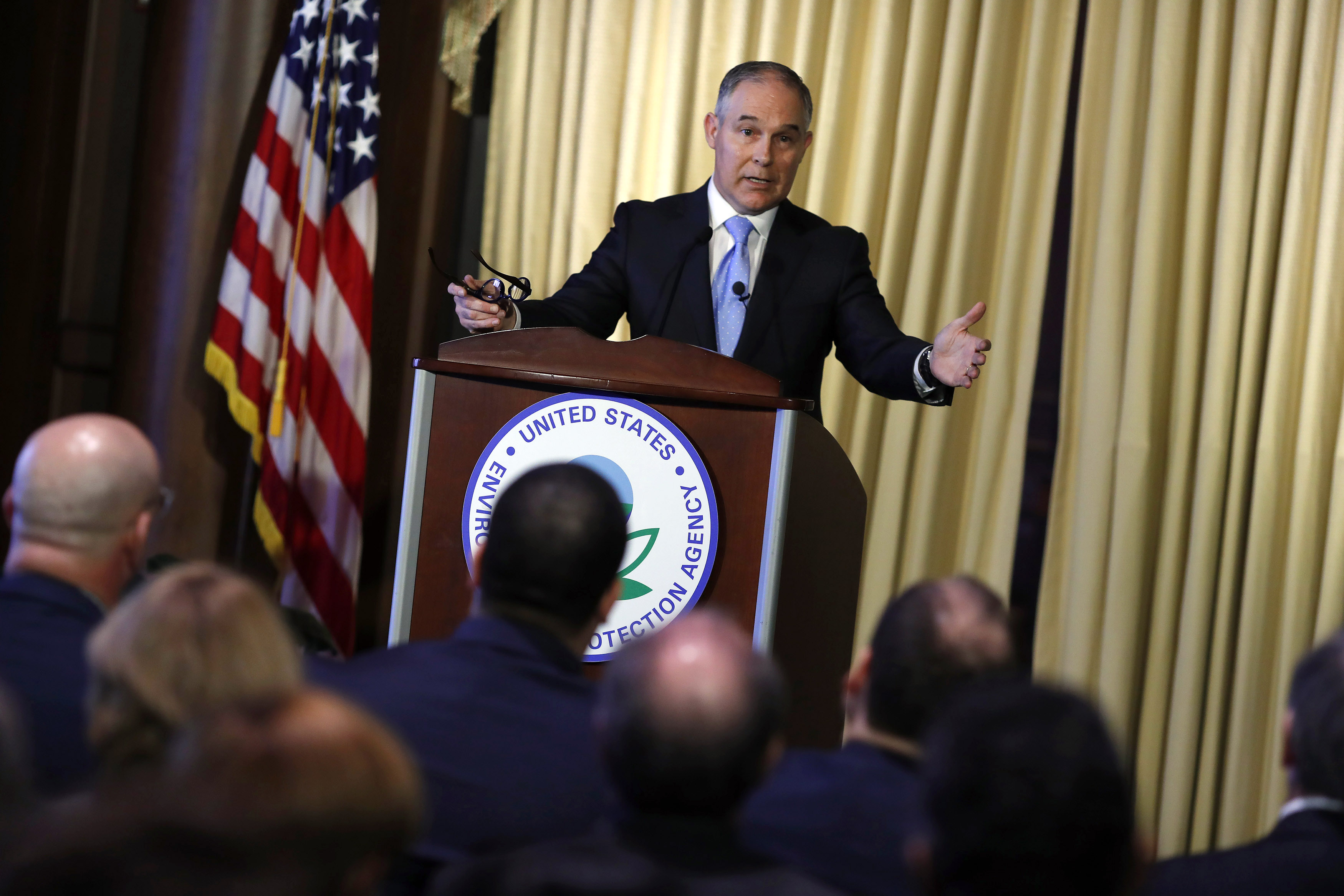 EPA Administrator Scott Pruitt address employees at the agency's headquarters on February 21, 2017. CREDIT: Aaron P. Bernstein/Getty Images
