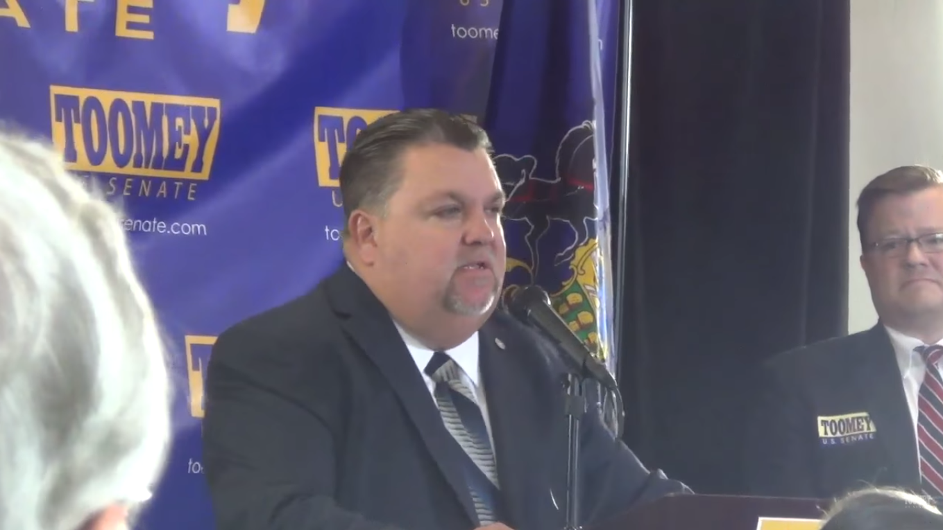 Philadelphia Fraternal Order of Police leader John McNesby speaking at a rally for Sen. Pat Toomey (R-PA). CREDIT: YouTube/Screenshot
