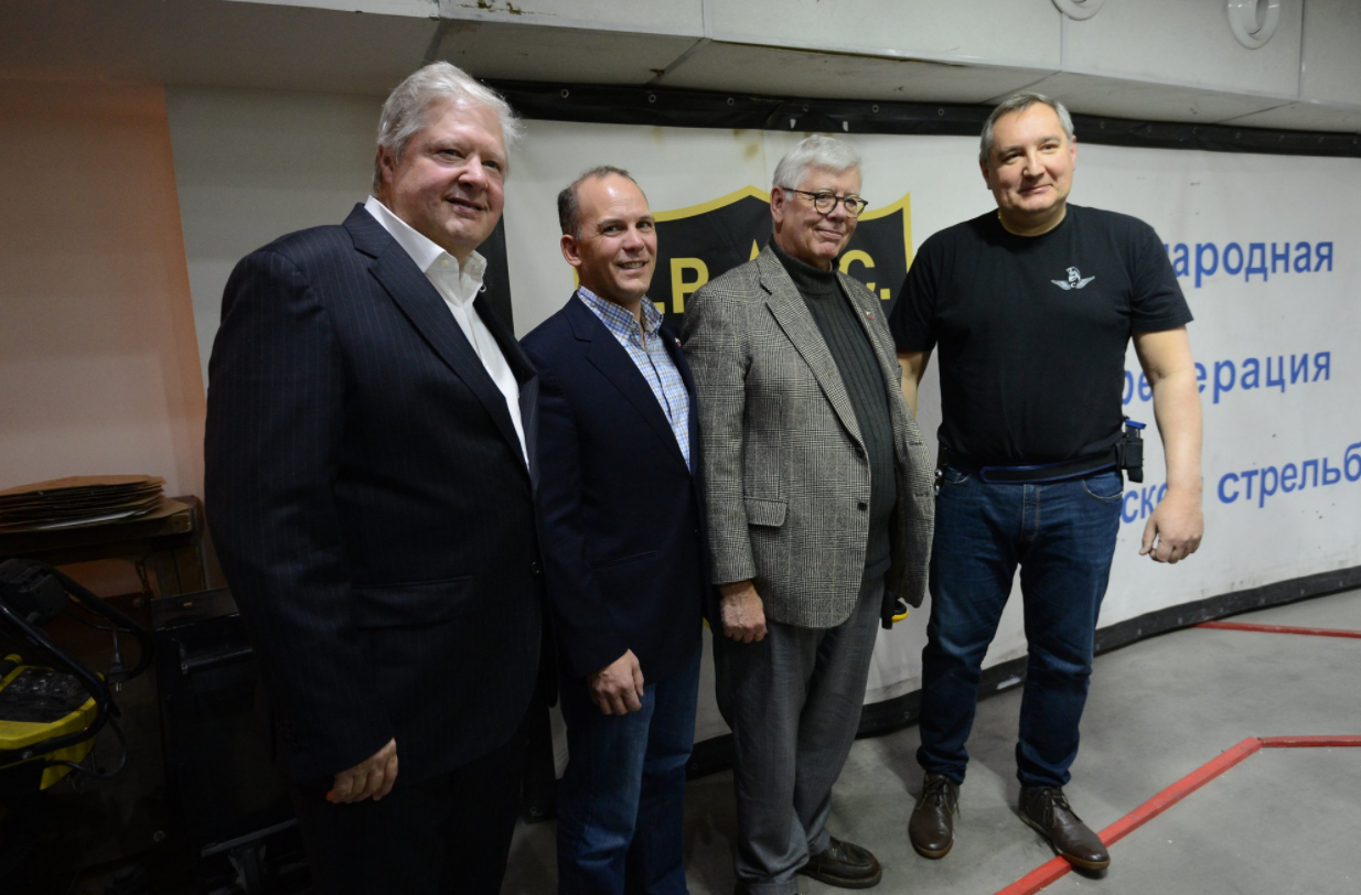A photo shared by Russian Deputy PM Dmitry Rogozin (right), then under U.S. sanctions, which appears to show him standing alongside the NRA's Joe Gregory, Pete Brownell, and David Keene in Moscow in Dec. 2015. (CREDIT: TWITTER)