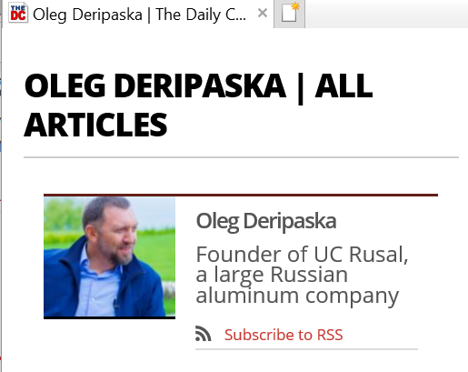 Deripaska's Daily Caller biography says nothing of his ties to Manafort, Putin, or anyone in the Kremlin.