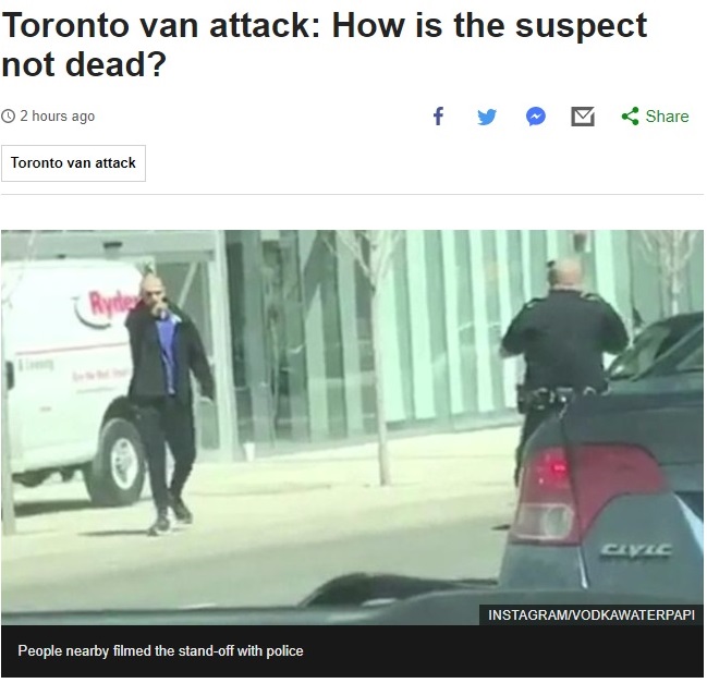 The BBC quotes an expert as saying that "Research has shown that Canadian police are reluctant users of deadly force." BBC screenshot.