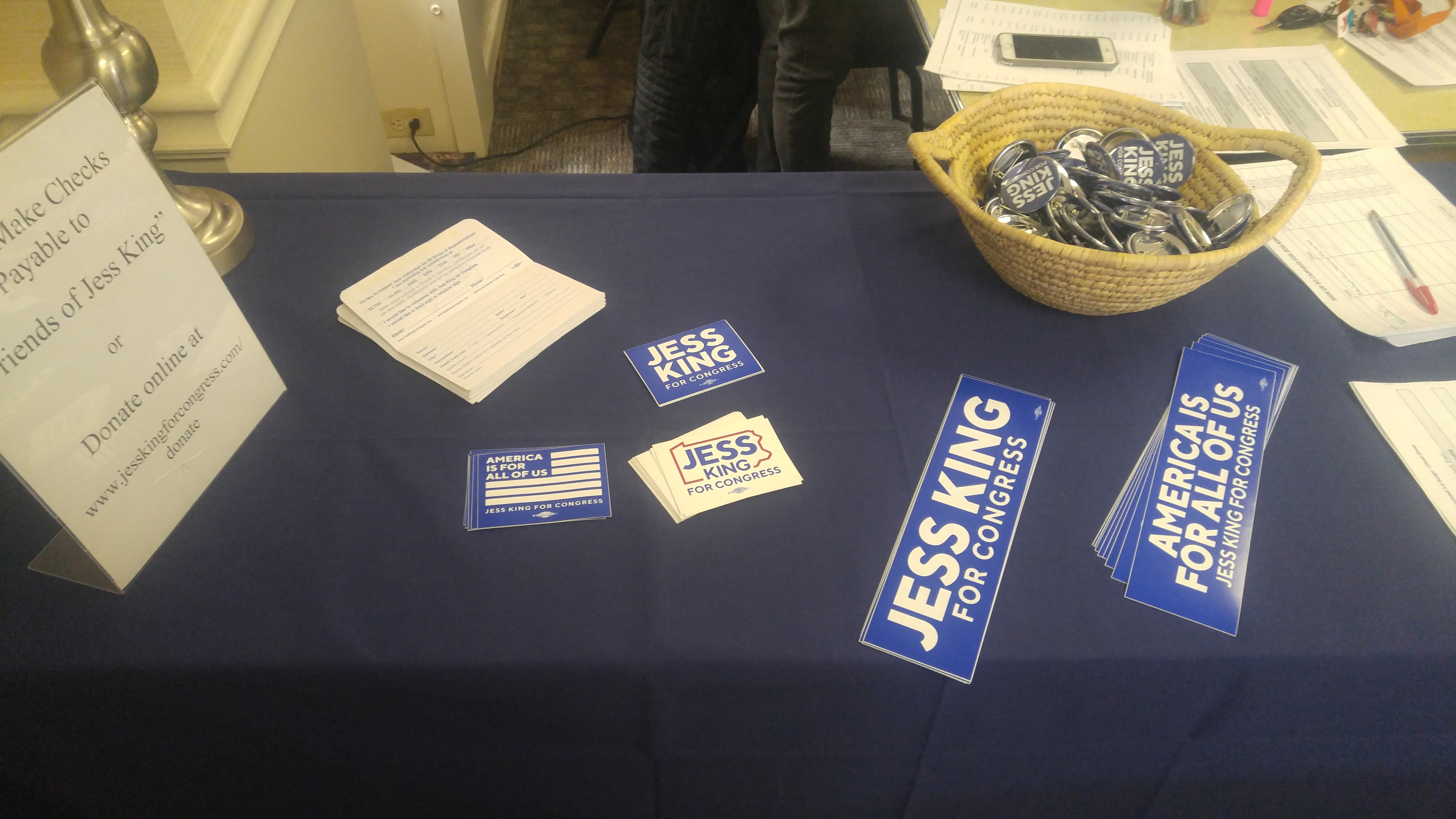 Campaign swag table at Jess King's campaign office. (Credit: Sarah Anne Hughes for ThinkProgress)