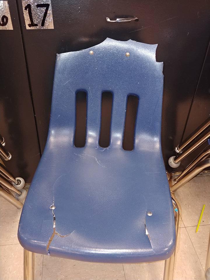In a March 28 Facebook post, Laurissa Kovacs shared this photo of a crumbling chair in her classroom. (Credit: Laurissa Kovacs, Facebook)