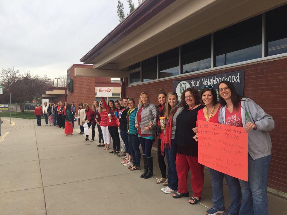 Swanson Elementary teachers at their school walk-in. (CREDIT: Colorado Education Association/Facebook)