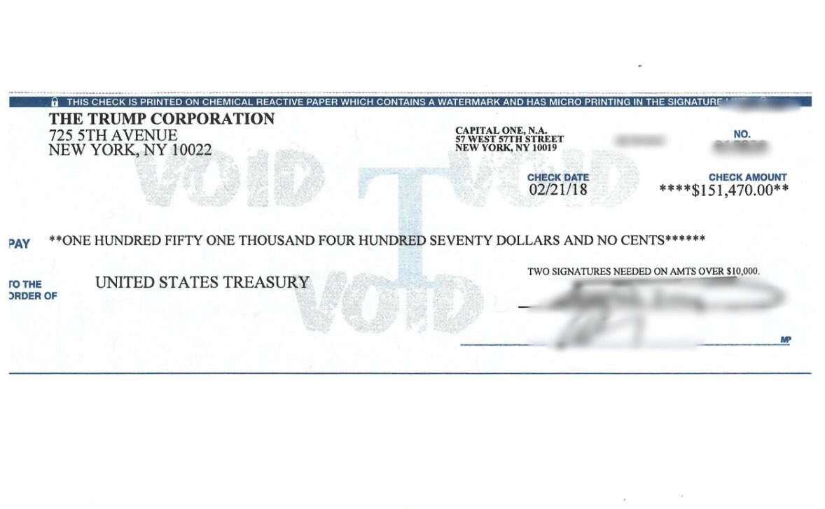 Screenshot of the Trump Organization's check to the Treasury Department