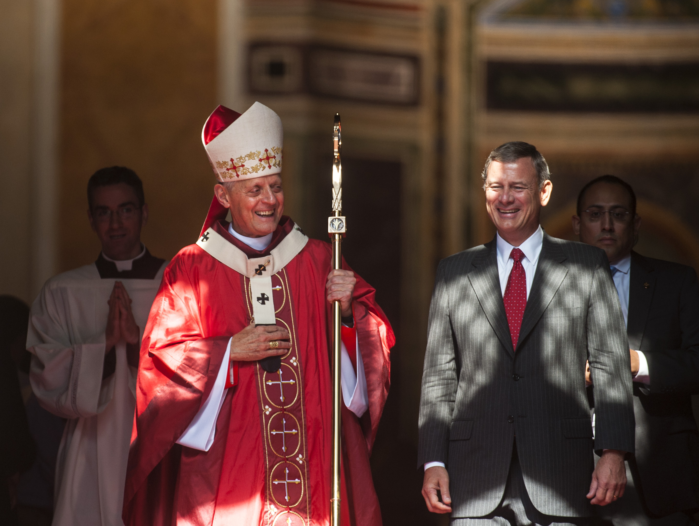 WASHINGTON, DC - OCTOBER 6:
Cardinal Donald Wuerl, Archbishop of Washington and Supreme Court Chief Justice John G. Roberts, Jr. exit the church after the 61st annual Red Mass at the Cathedral of St. Matthew the Apostle.
(Photo by Katherine Frey/The Washington Post via Getty Images)