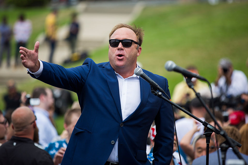 File Picture: Conspiracy theorist and radio talk show host Alex Jones speaks during a rally in support of Donald Trump near the Republican National Convention iJuly 18, 2016 in Cleveland, Ohio. (Photo by Brooks Kraft/ Getty Images)